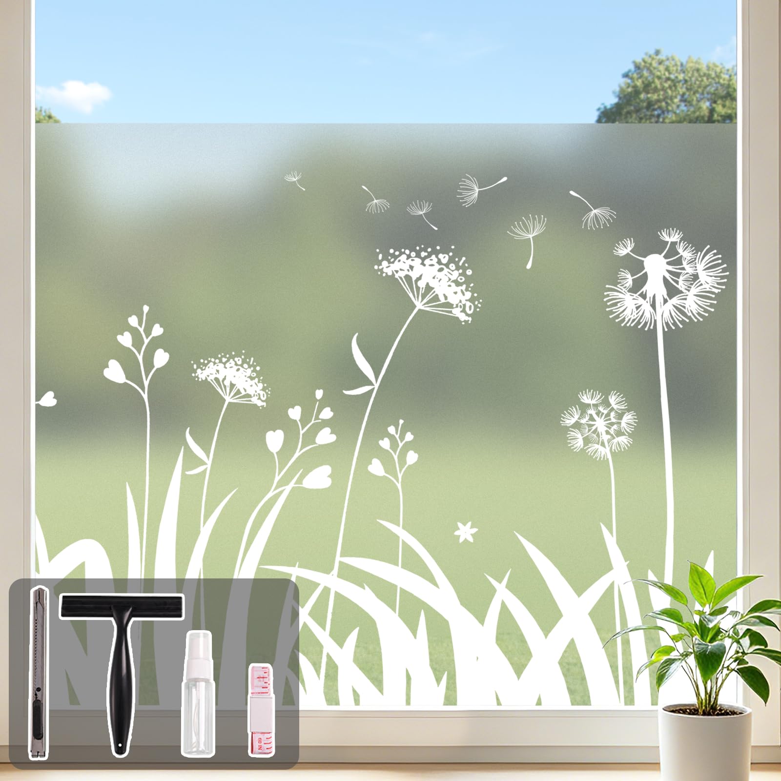 Conkov Window Film Translucent Frosted Privacy Film, Vinyl, Self Adhesive, Reusable Decorative Glass Film for Kitchen, living room, badroom, Dandelion Pattern，44.5 x 400 cm with Tool