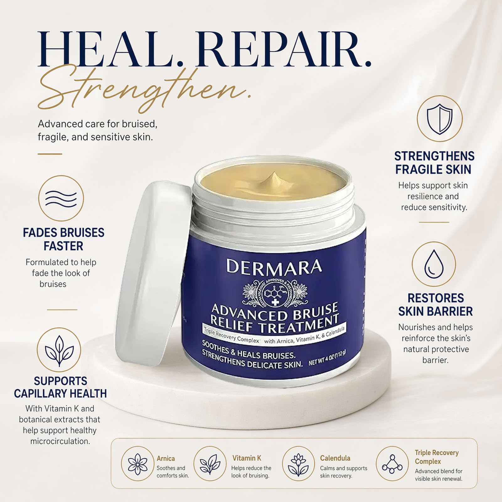 Dermara Arnica Cream for Bruises with Vitamins K, C and E, 4 Oz