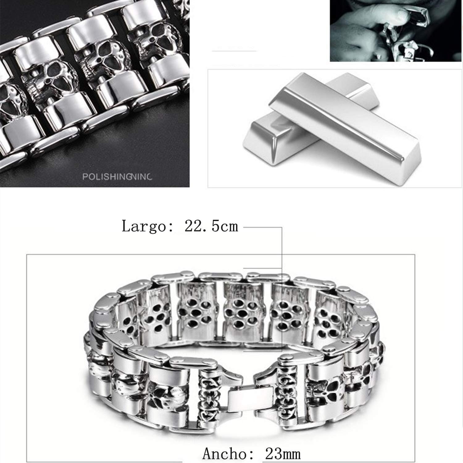 Cupimatch Herren Armband Punk Biker Gothic Totenkopf Edelstahl Kette Silber Edelstahl Link Kette Armband Armreif Manschette Armschmuck für Männer