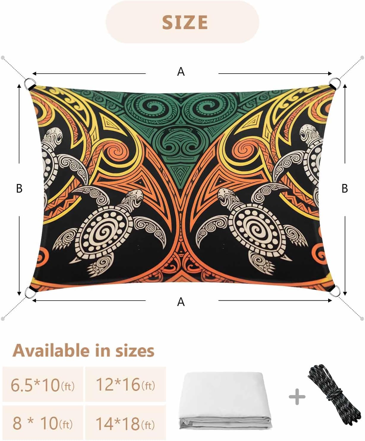 Sun Shade Sail 8'x10' Polynesian Turtle Rectangle Sun Shade Sails Canopy Waterproof Bohemian Style Abstract Ethnic Pattern Outdoor Sunshades Sand UV Block Cover Shades Cloth for Patio Backyard Porch