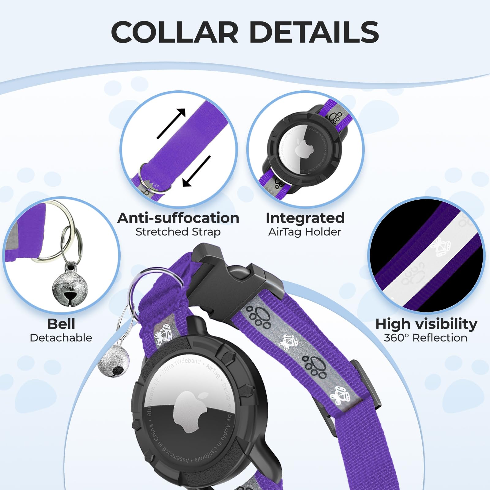 Breakaway AirTag Katzenhalsband, reflektierendes Katzen-Tracker-Halsband mit Airtag-Halterung und Glocke, Sicherheits-Gummiband, Katzen-GPS-Halsbänder für Mädchen, Jungen, Katzen, Kätzchen und Welpen