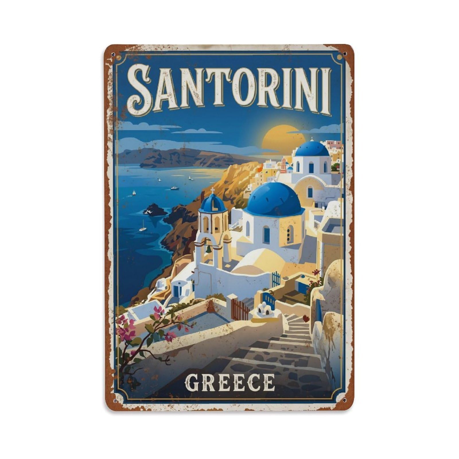 Fyrn Style Metal Tin Sign Vintage Travel Santorini Greece Domes