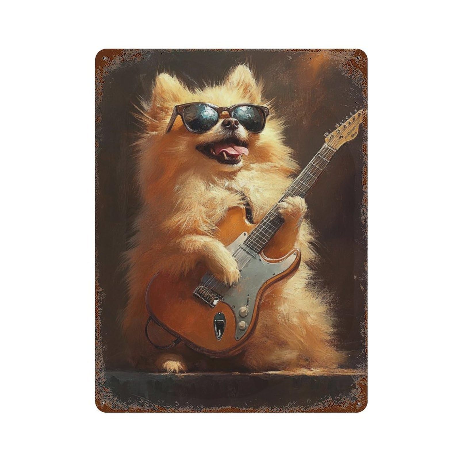 Pomeranian Playing Guitar Art Print 15.7"x11.8" Distressed Metal Wall Sign, Shabby Chic Decor for Shed, Workshop And Garage Wall Decor