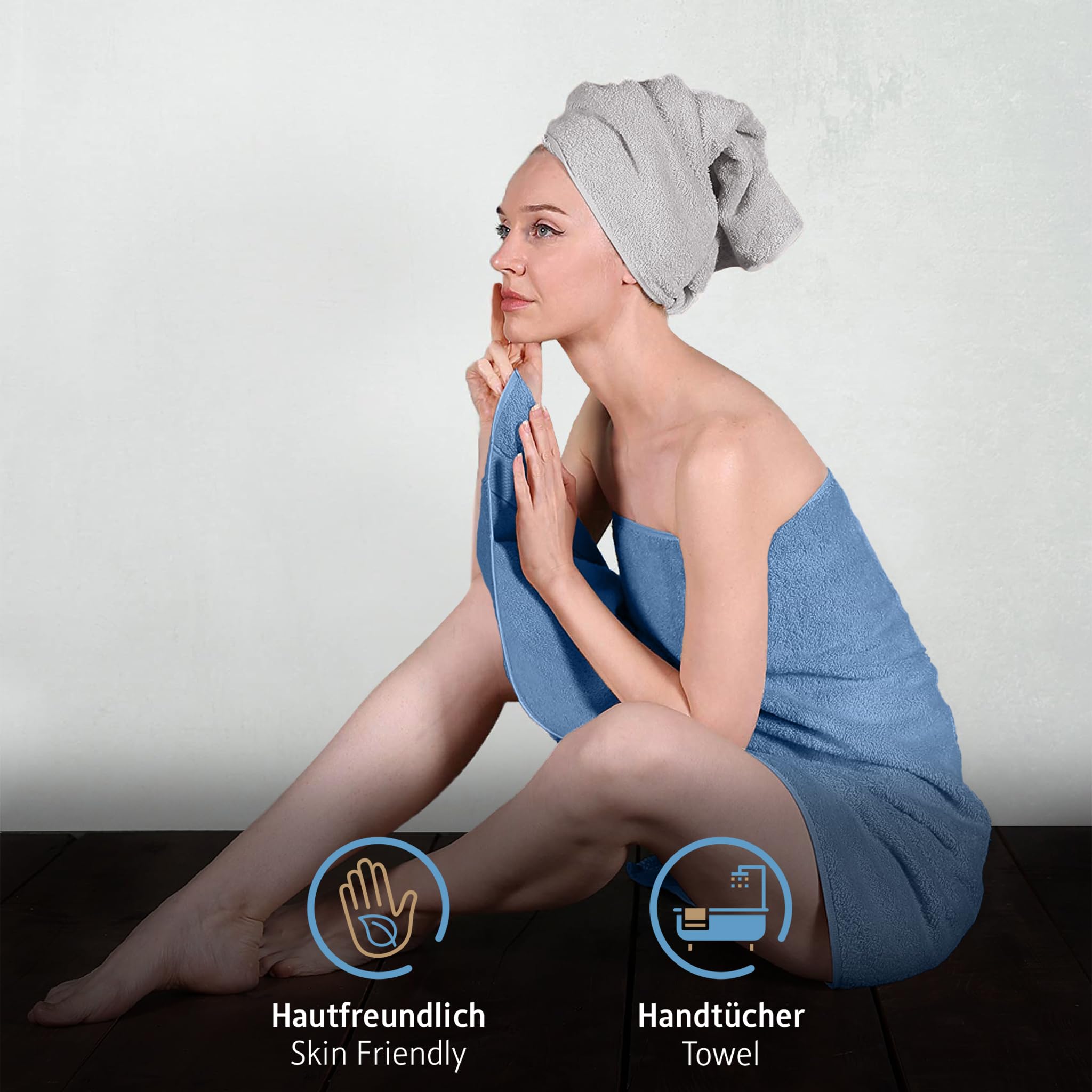 Komfortec Set di 8 asciugamani da 50 x 100 cm, in 100% cotone, 470 g/m², spugna, morbido, argento/azzurro