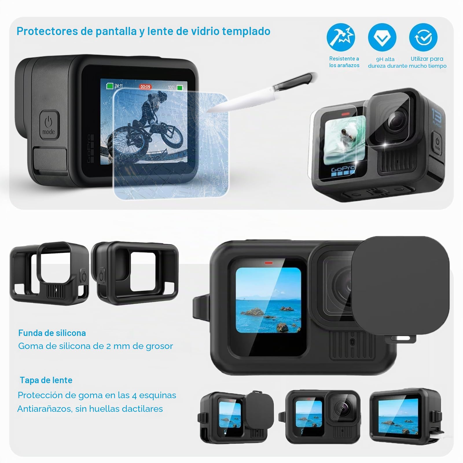 Kit de Accesorios para gopro Hero 13, Carcasa de Buceo a Prueba de Agua, Agarre de Mano Flotante, 2 Juegos de Vidrio Templado, Funda de Silicona, Filtros Rojos, Inserciones antivaho