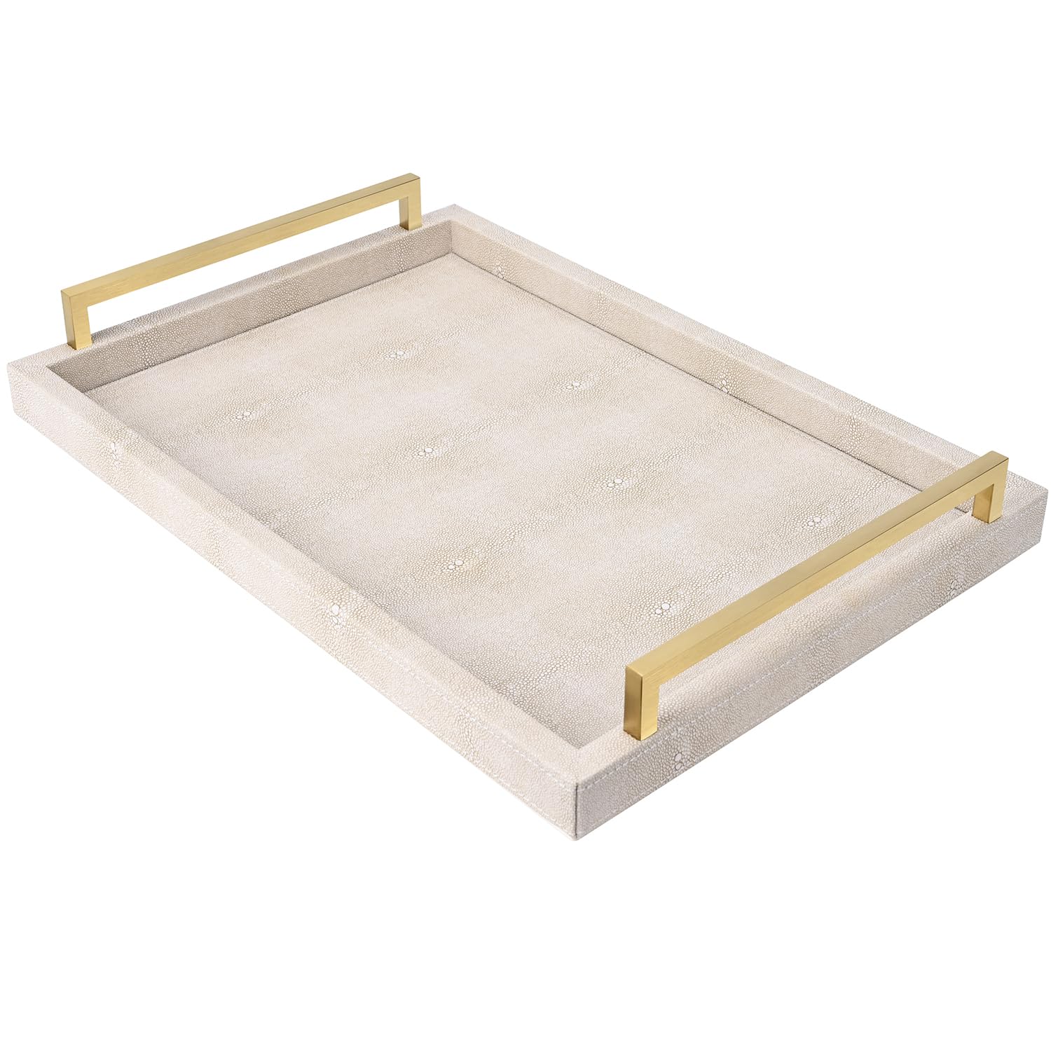 XIGEXIGE Ivory Shagreen Decorative Tray Large Rectangle Coffee Table Tray for Ottoman Faux Leather Serving Tray with Brushed Gold Handles