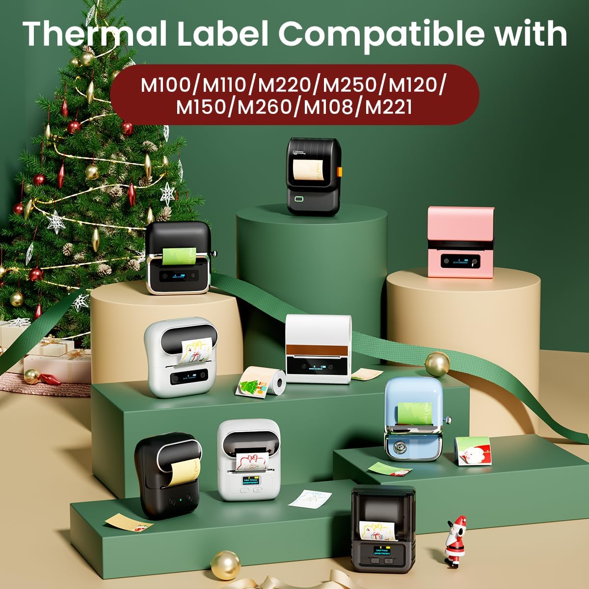 M110 Thermal Labels - 1.96"X3.14" (50X80MM), Adhesive Thermal Labels with 3 Patterns(Tree/Bell/Stocking), Compatible with Label Maker Machine M100/ M110/ N20/ M220/ M250/ M108/ M221, 100 Labels/Roll - Image 4