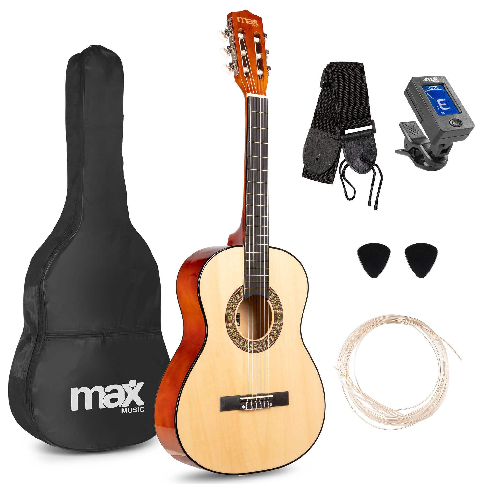 MAX SoloArt Junior 3/4 Guitarra Clásica para Niños - Set Completo con Funda Mochila, Soporte MAX GP20, Afinador Clip, Púas y Cuerdas de Nailon - Ideal para Principiantes de 8 a 12 Años