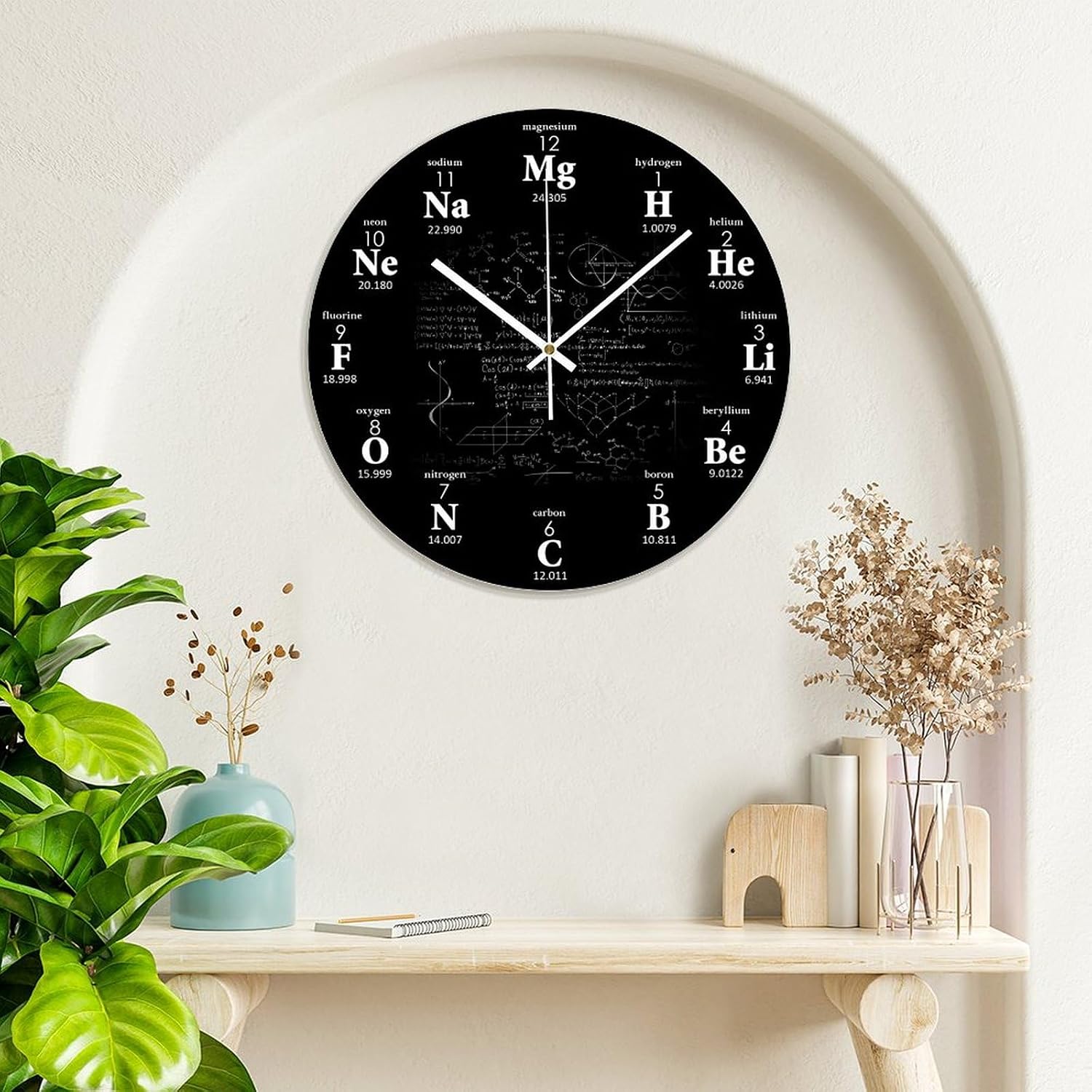 Round PVC Wall Clock 15 Inch Periodic Table of Elements Chemistry-Chemical Formulas Battery Operated Non Ticking Silent Clock for Living Room, Kitchen, Bedroom,Nursery,Farmhouse