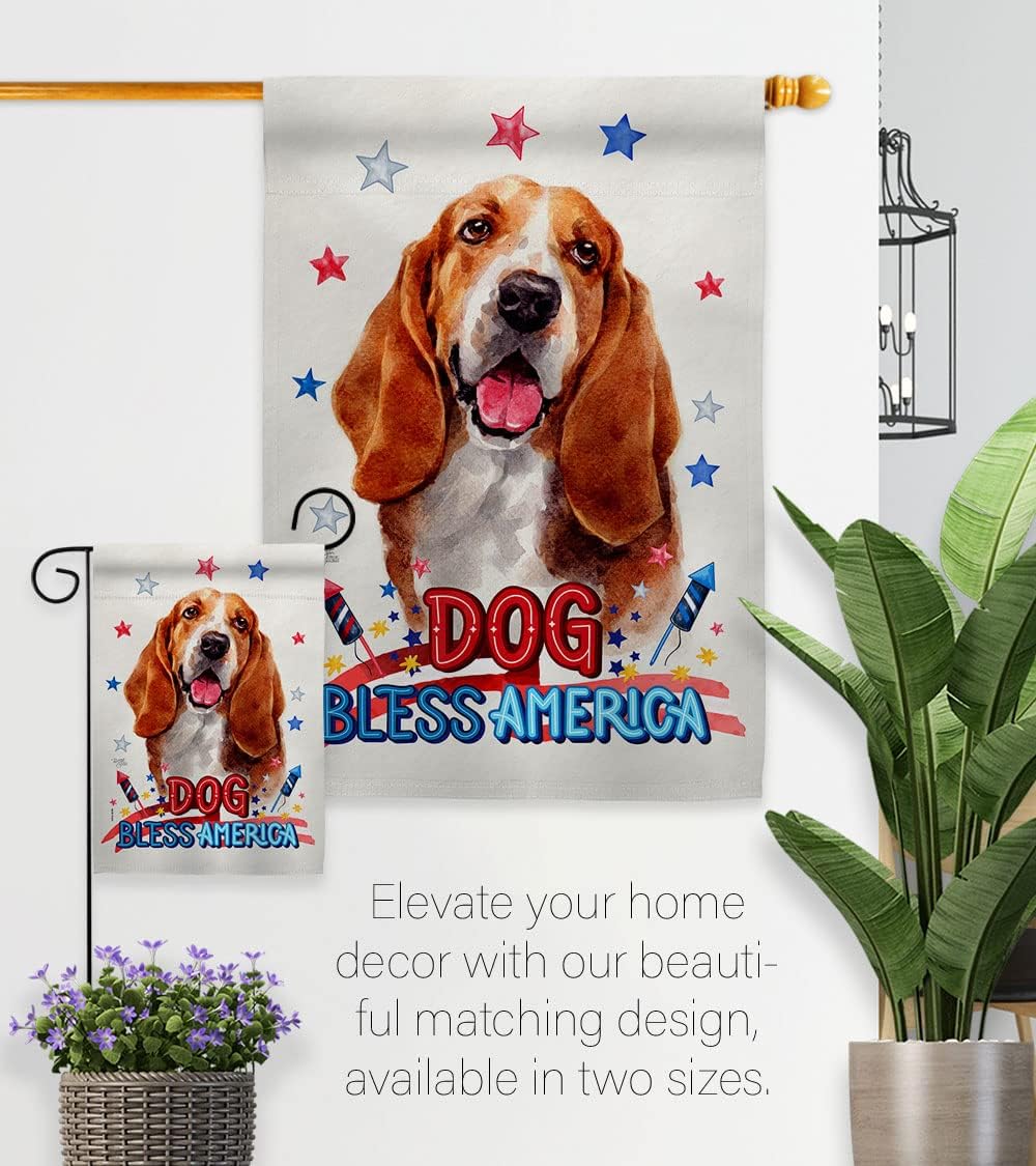 Breeze Decor Patriotic Basset Hound House Flag Dowel Set Dog Puppy Spoiled Paw Canine Fur Pet Nature Farm Animal Creature Decoration Banner Small Garden Yard Gift Double-Sided, Made in USA