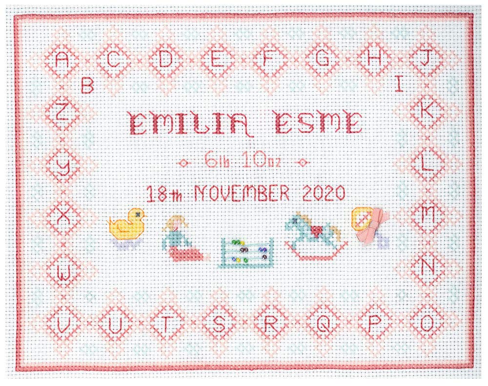 Lifetime Samplers & Decorative Textiles Pink Birth Sampler - Complete Cross Stitch kit on 14 aida with Clear Colour Chart