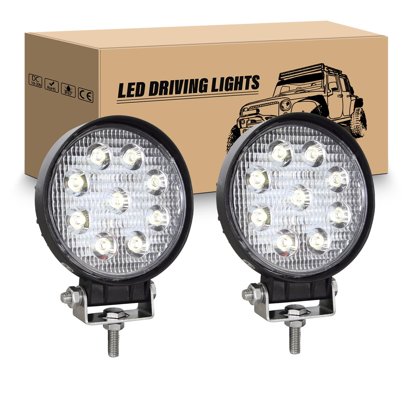 RIGIDON 2 Pcs Redondo Focos Led Tractor, 4 pulgadas 27W faros trabajo Spotlights Luz de Niebla 12V 24V 6000K IP67 impermeable para 4x4 Off Road Coche Camión Moto ATV UTV SUV 4WD Barco