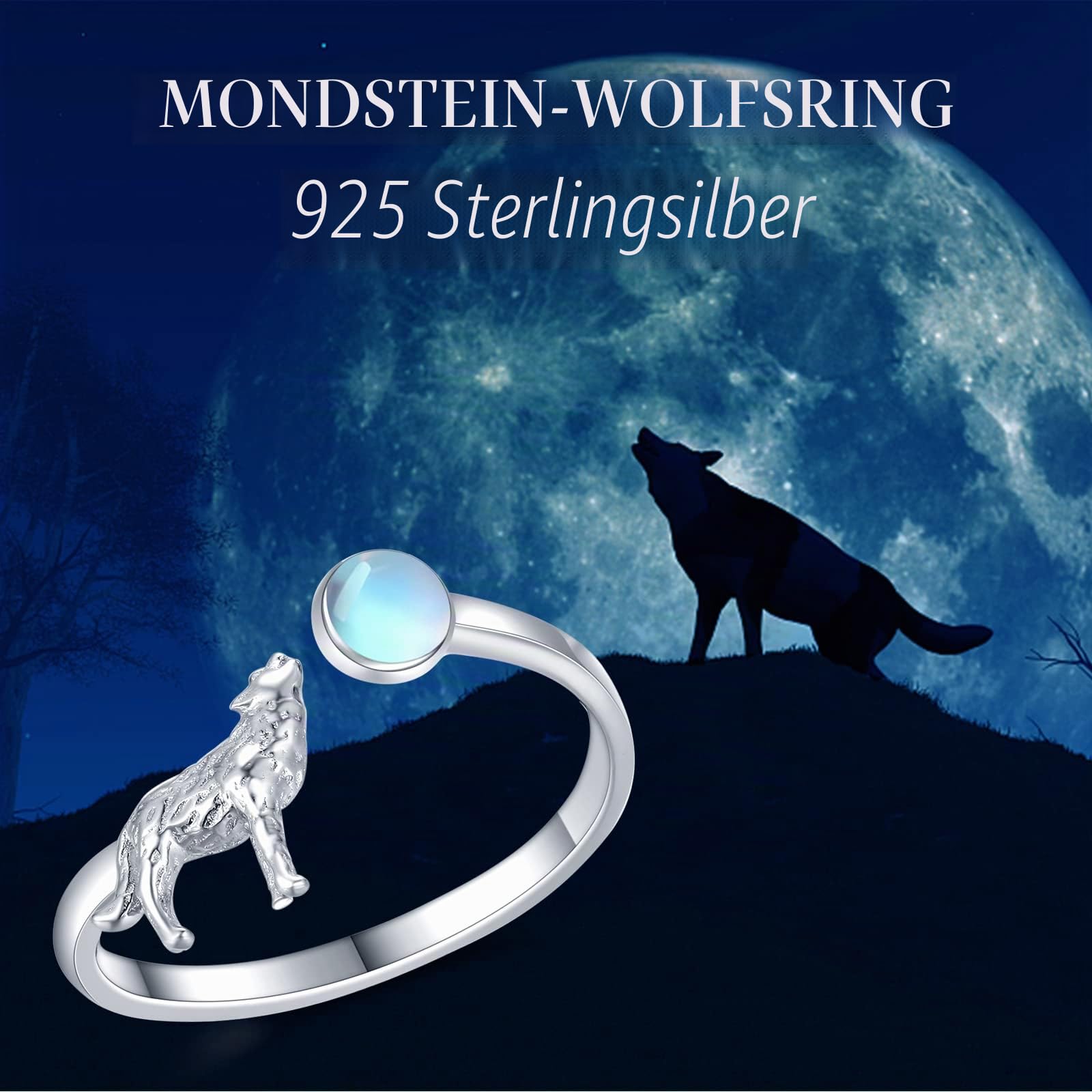 Wolfs Ringe 925 Sterling Silber Mondstein Ringe Verstellbar Ring Geschenk Weihnachts Schmuck für Damen