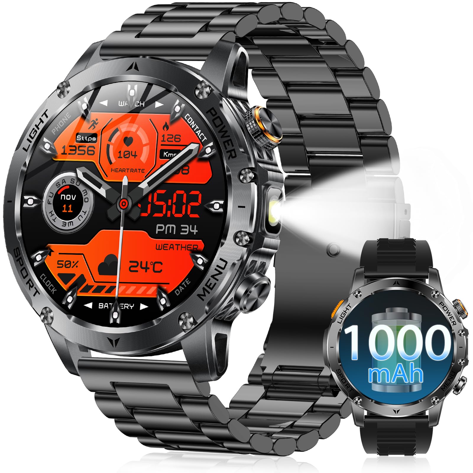 Montre Connectée Homme 1000mAh/LED Lampe, 1.7" HD Écran Smartwatch Homme avec Appel Bluetooth, Trackers D'activité 100+ Modes Sportifs, 24H Sommeil, IP68 Étanche, Podomètre Militaire Android iOS Noir