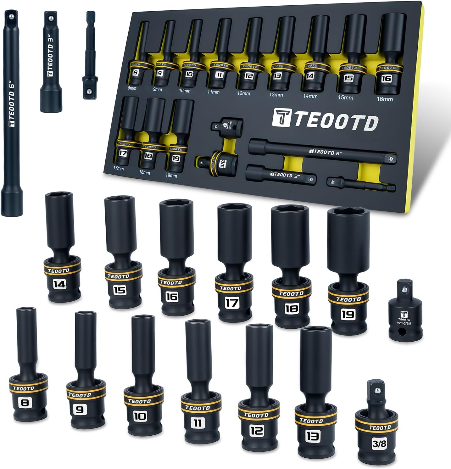 18 PCS 1/4-Inch Drive Swivel Socket Set, Metric Universal Impact Socket Set, 6-Point, 5-15mm, CR-MO Flexible Wobble Sockets,with 2" 4" 6" Extension Bars and Adapter