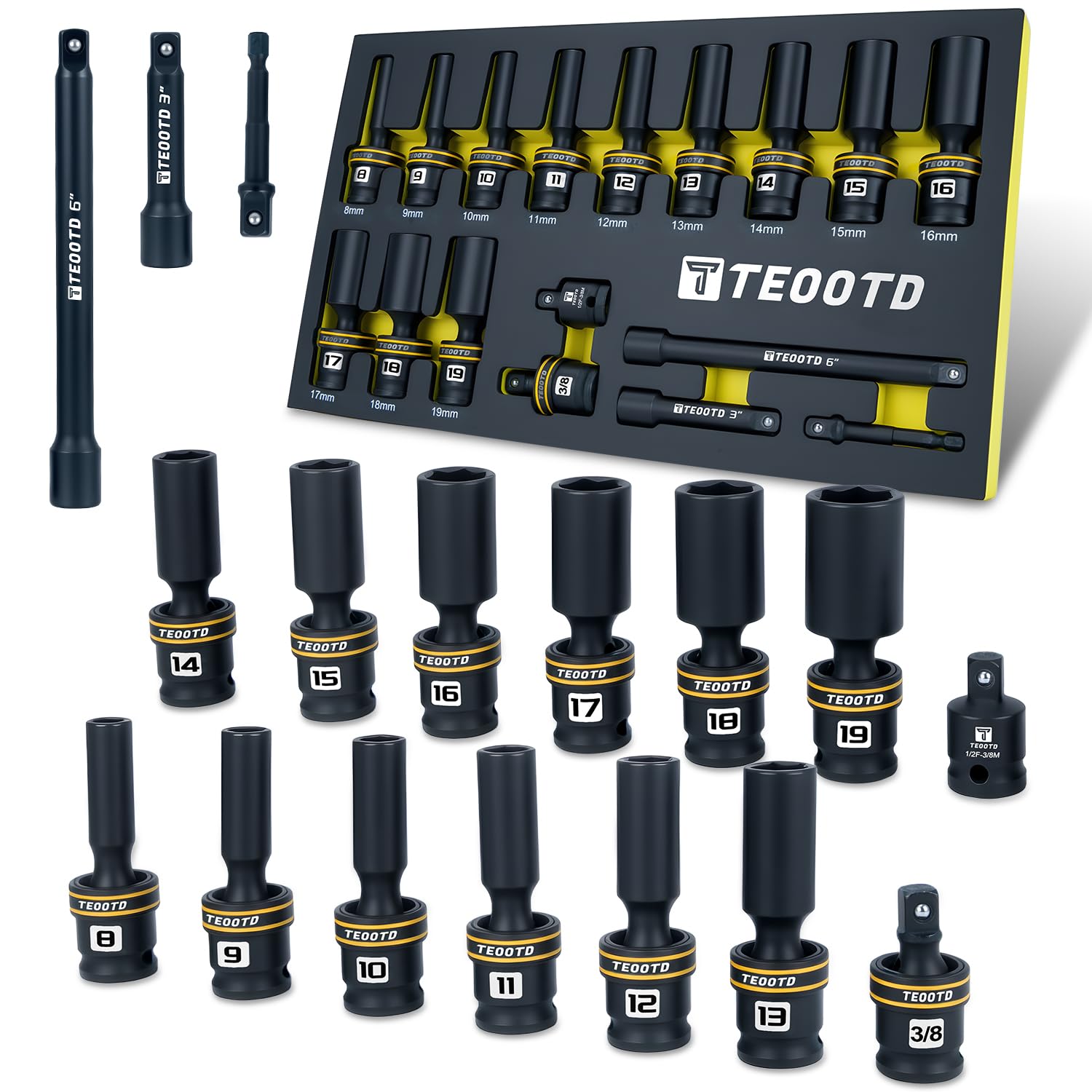 17 PCS 3/8-Inch Drive Swivel Socket Set, Metric Universal Impact Socket Set, 6-Point, 8-19mm, CR-MO Flexible Wobble Sockets,with 3" 6" Extension Bars and Adapter