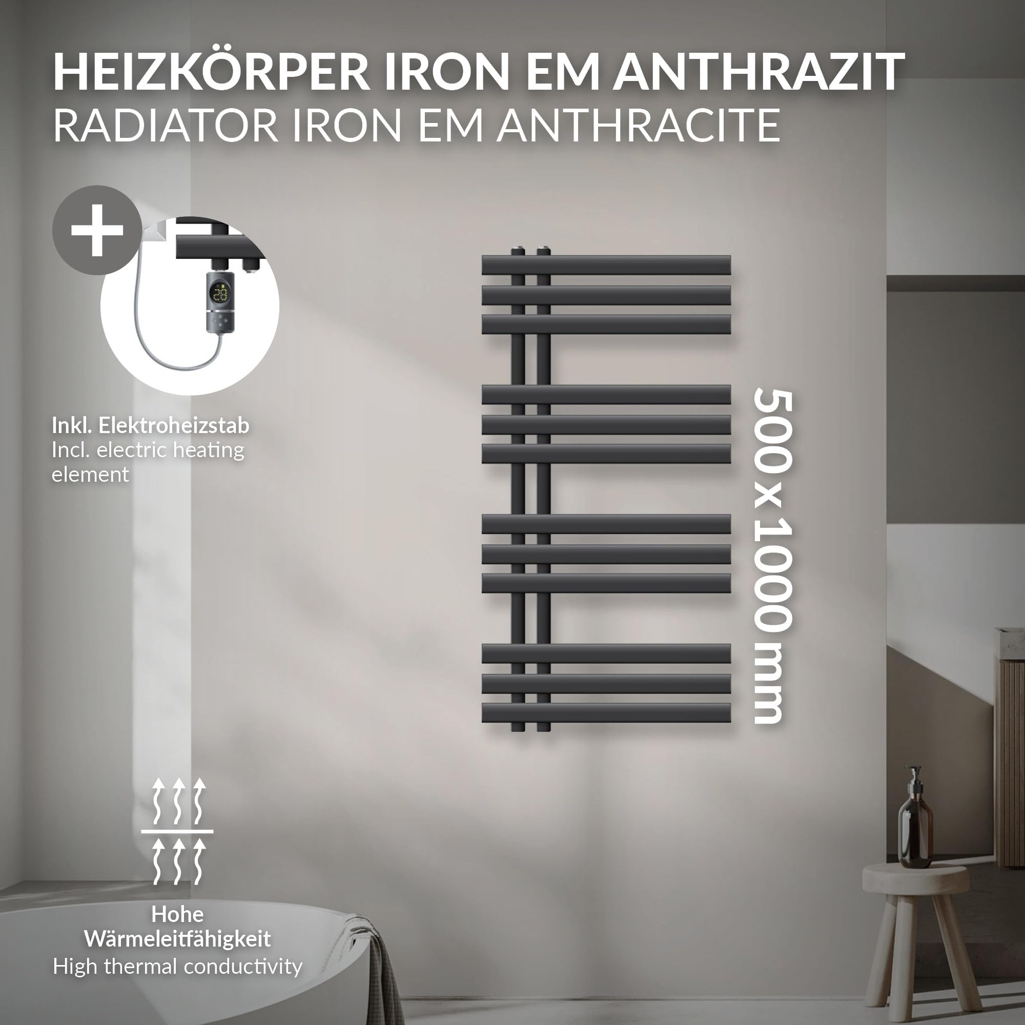 LuxeBath Radiador Eléctrico Iron EM 500 x 1000 mm Antracita, Estufa Toallera Vertical con Elemento Calefactor 600W Termostato de Pantalla Digital, Calentador de Pared de Diseño Moderno para Baño