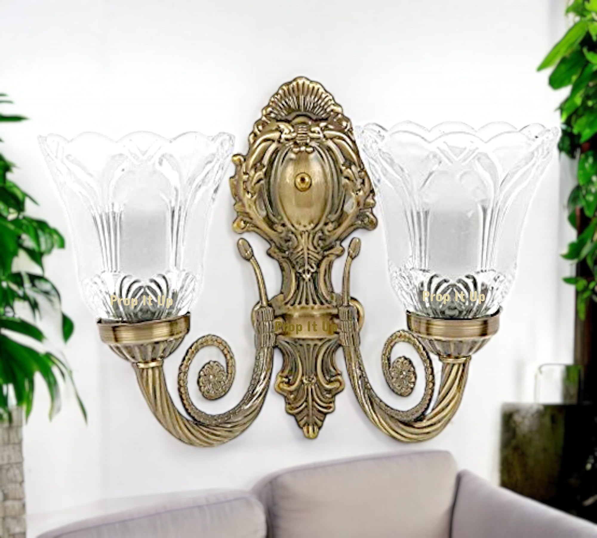 Prop It up Portuguese Style Antique Golden Wall lamp with 2 Lamp Shades, Gold (Double Wall Light)
