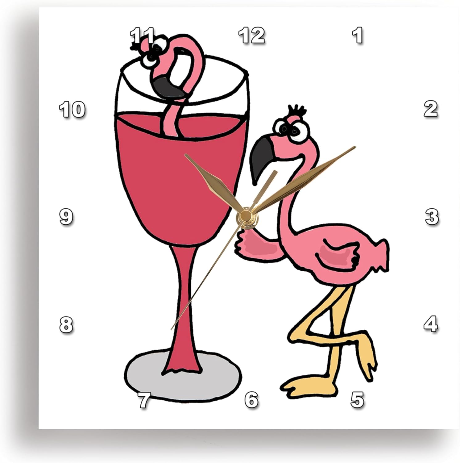 3dRose Wall Clock Silent - 15 inch - Funny Pink Flamingo Next to Red Wine Glass - Birds