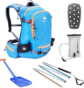 Core Avalanche Kit,Ski Backpack including Recco & Removable Back Protector, Hydration Bladder, Avalanche Shovel, Avalanche Probe, Backcountry Skiing, Snowboarding, Snowmobiling Blue