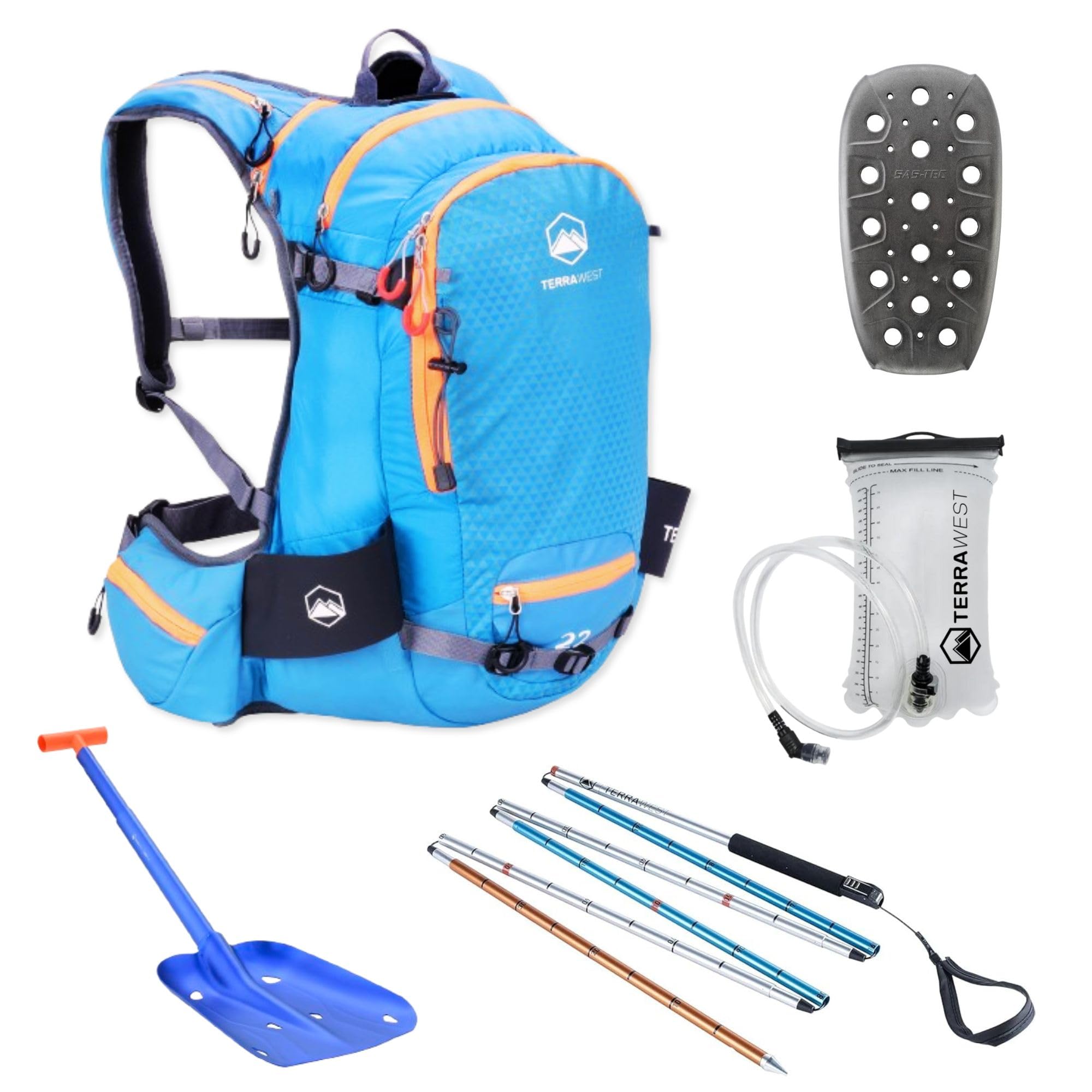 Core Avalanche Kit, Skierucksack inkl. Recco & abnehmbarem Rückenprotektor, Core Plus Schaufel, Core 240 cm Quick Lock Probe, Backcountry Skifahren, Snowboarden (blau)