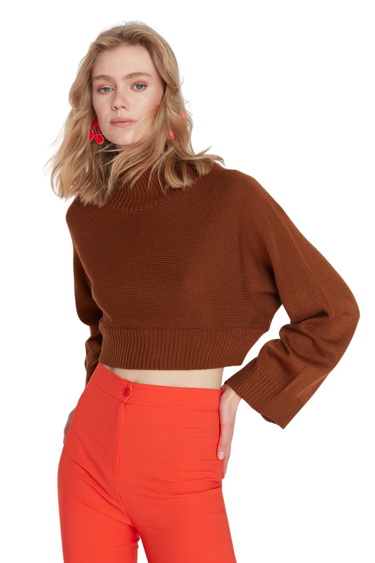 Trendyol Women Regular Basic Standing Collar Knitwear Sweater Brown
