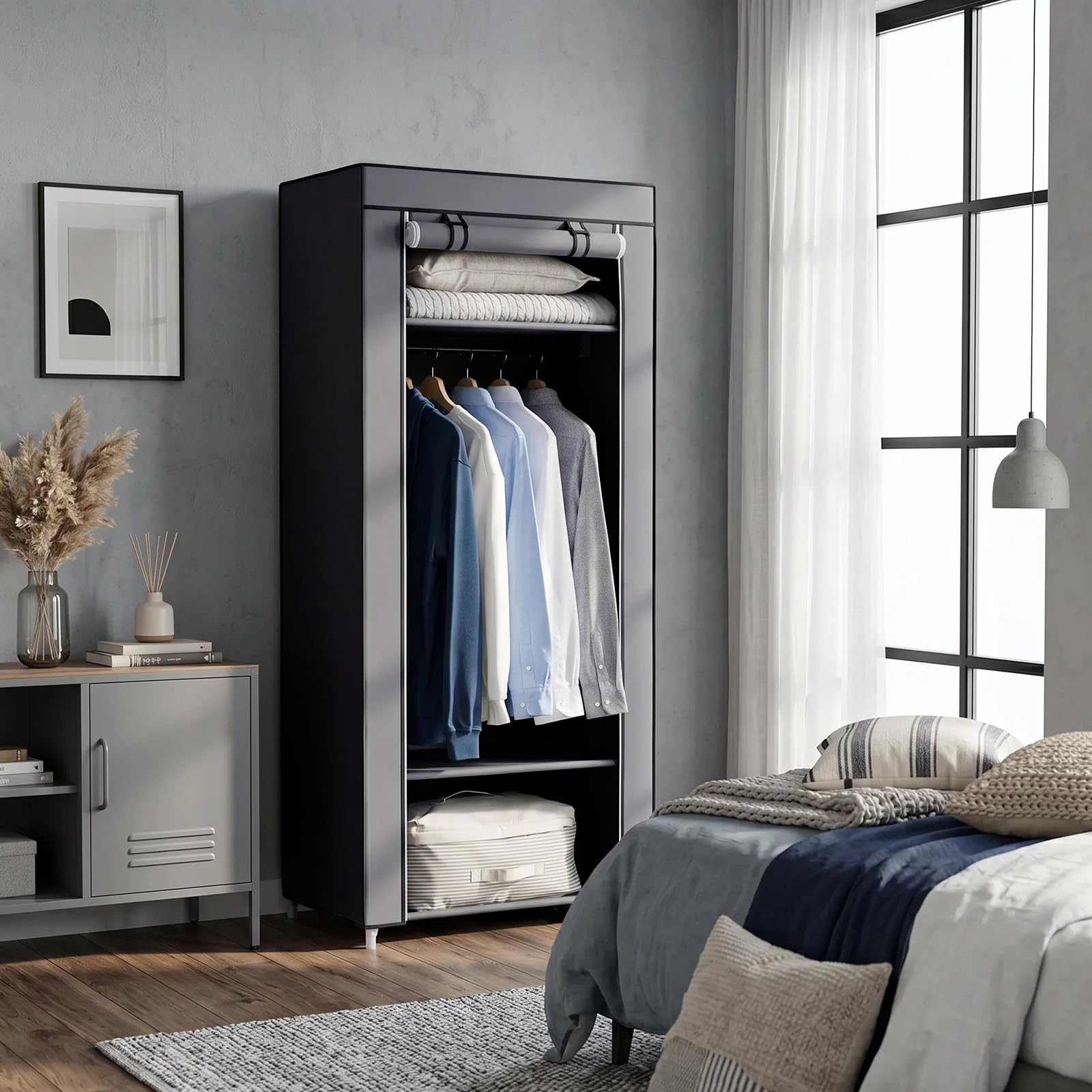 Hododou Armadio in tela portatile per camera da letto, armadio pieghevole con binario di sospensione e mensole, per vestiti, borse, giocattoli, scarpe, 160 x 59 x 43 cm, grigio