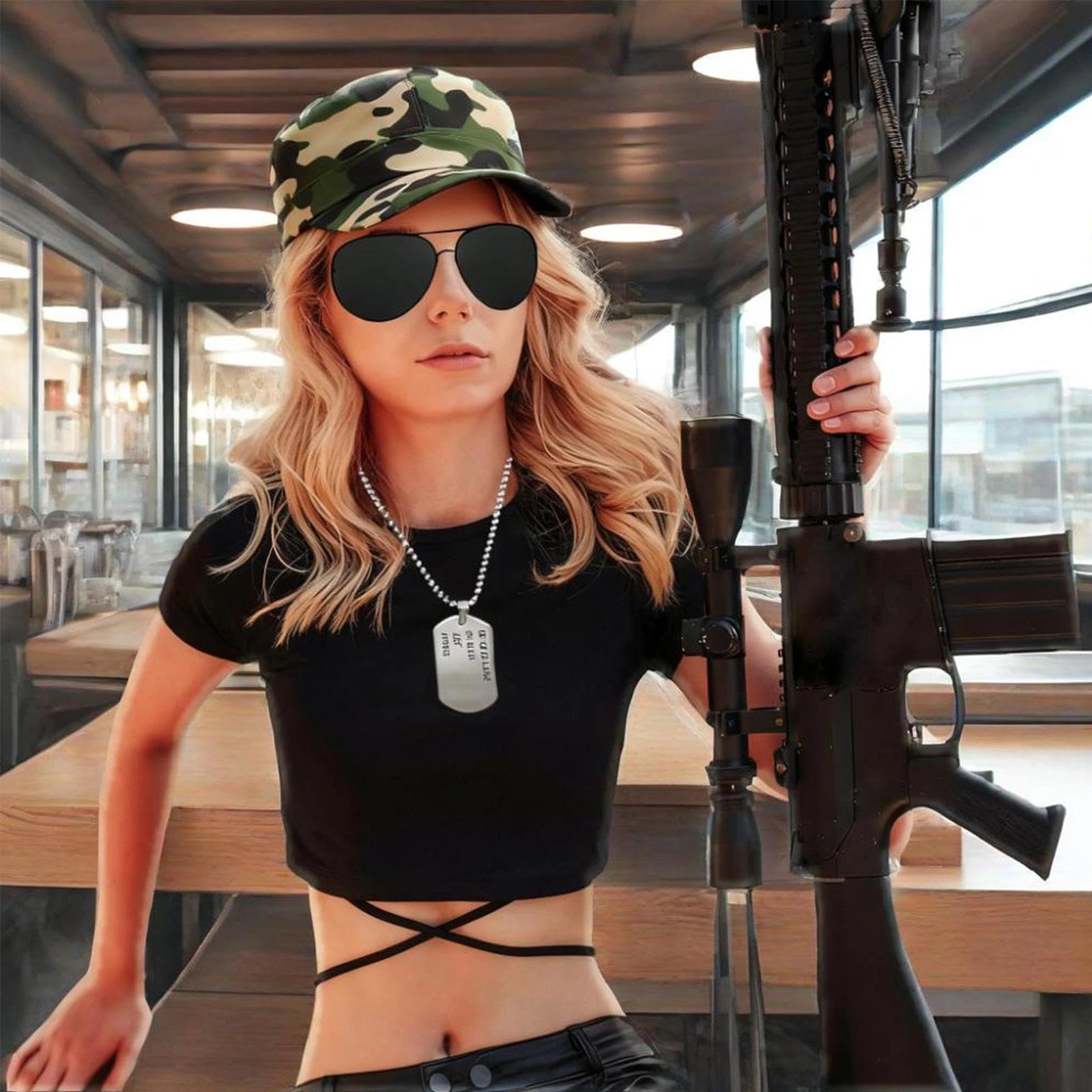 AYZDJ 3 PCS Army Costume Set for Adults Military Soldier Fancy Dress with Camo Hat, Aviator Sunglasses & Dog Tag Necklace - Image 4