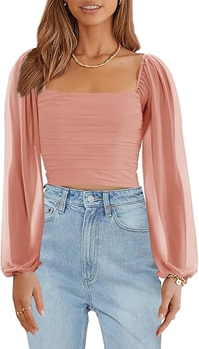 Wenrine Womens Mesh Long Sleeve Crop Tops Night Going Out Square Neck Off The Shoulder Ruched Shirt Blouses Dressy Casual