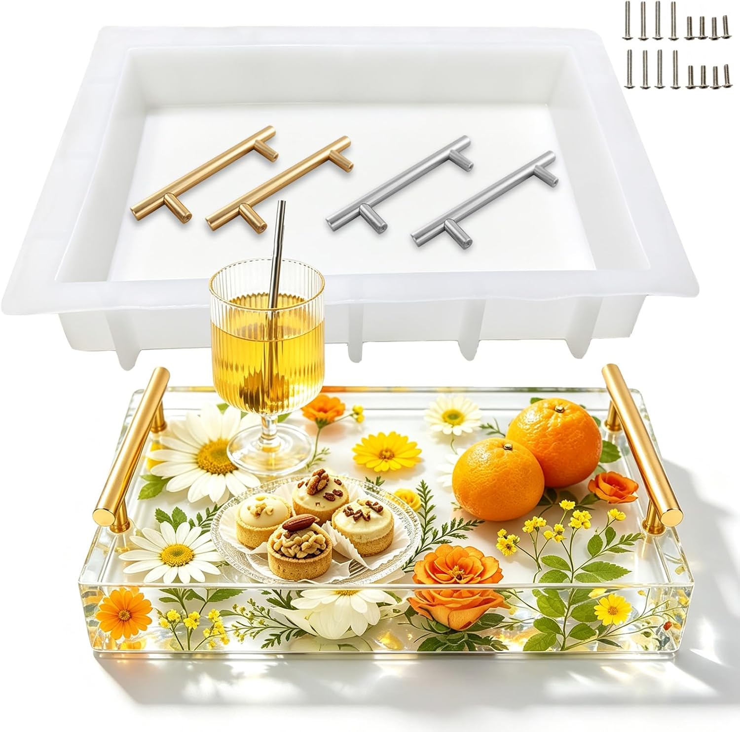 Large Tray Resin Silicone Mold with Gold & Silver Handles,13.4"X9.5"