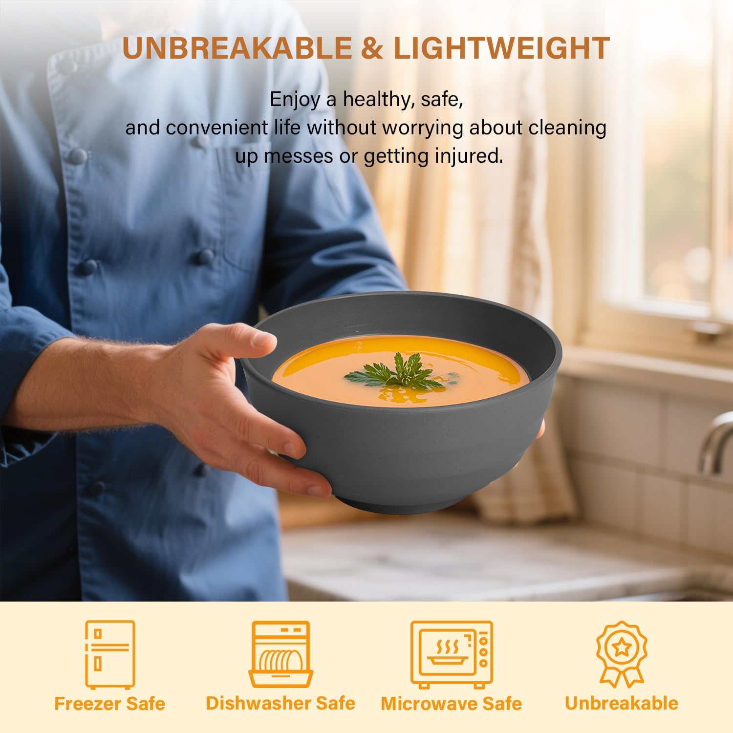 Homienly Wheat Straw Bowls Set of 8, 60oz Extra Large Unbreakable Bowls - Lightweight Alternative to Plastic Serving Bowls for Cereal, Ramen & Soup, Microwave Safe for Outdoor Activities (Grey) - Image 4