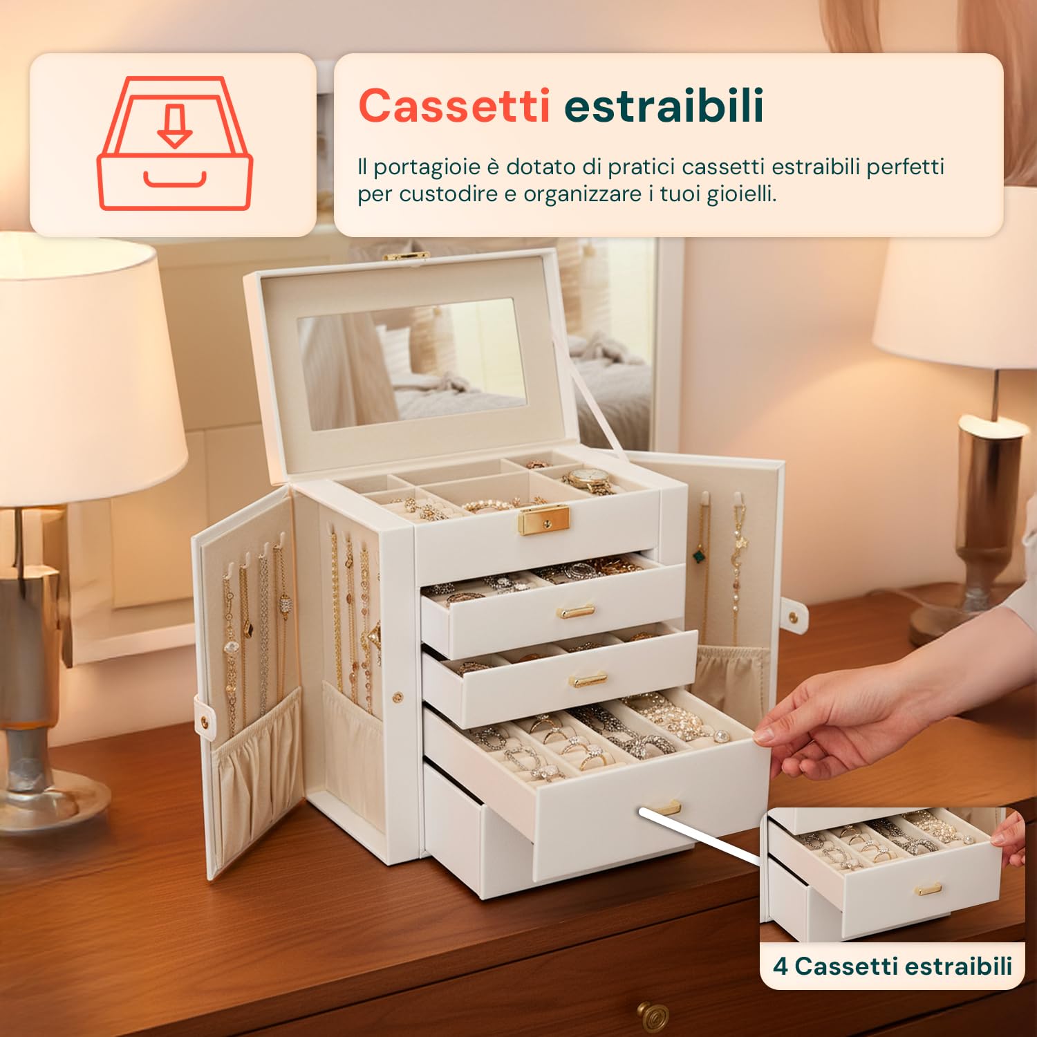 Avilia - Portagioie Moderno Donna Funzionale, Specchio Integrato, 4 Cassetti, Organizer Capiente e Antigraffio con Scomparti Regolabili, Ideale come Regalo Elegante