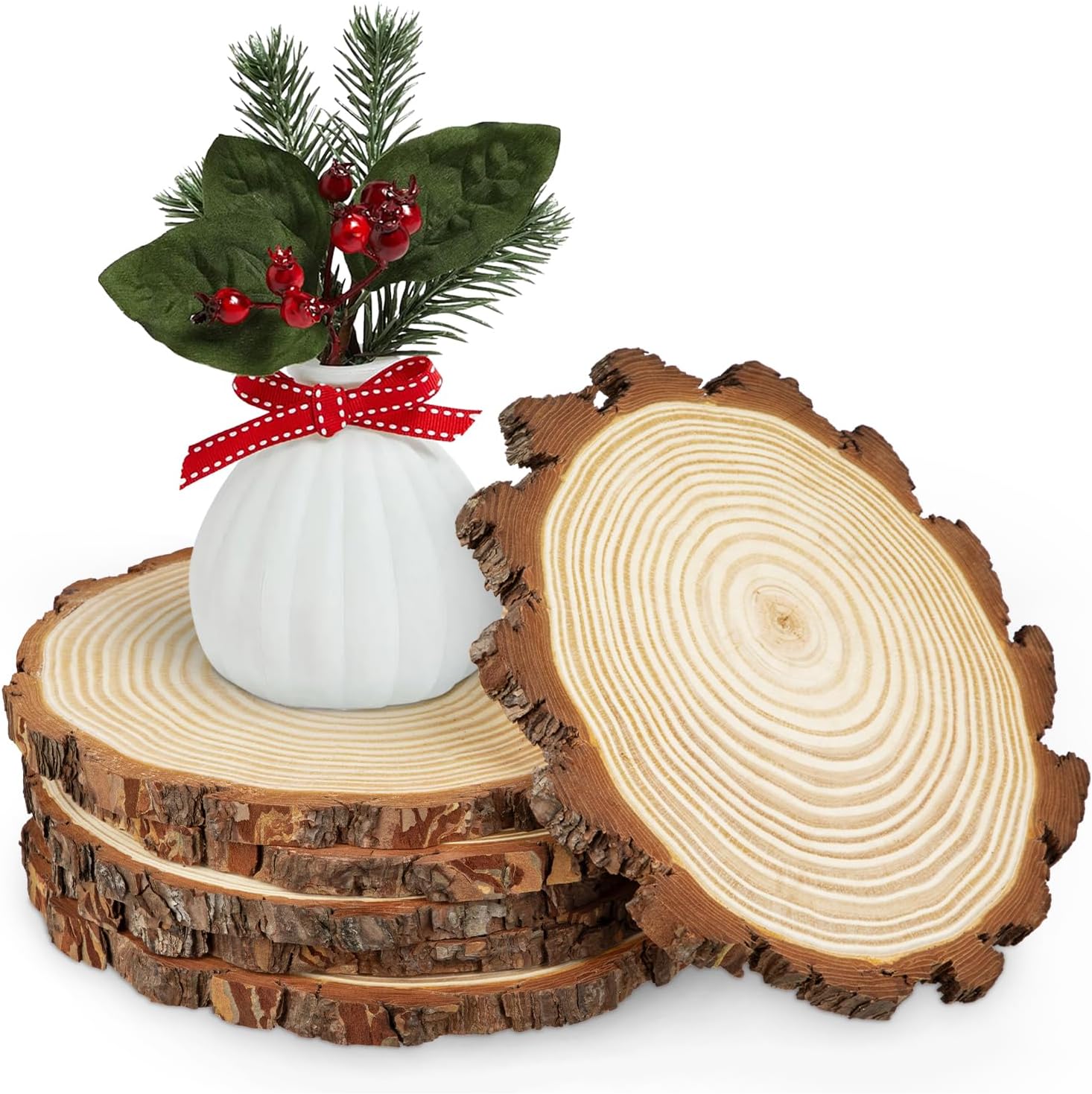 Large Unfinished Natural Wood Slices - 6 Pcs Natural Round Discs Rustic Wood Slices 9-9.8 Inch Wooden Tree Bark Discs for DIY Crafts Centerpieces Table Base Decoration Wedding Ornaments Coasters