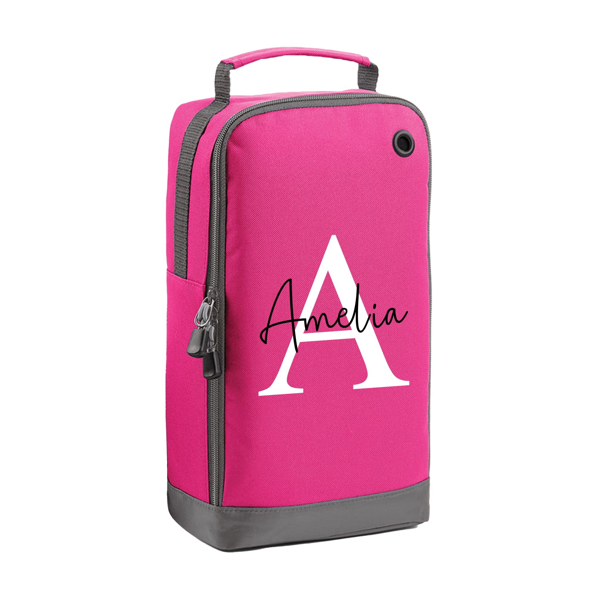 Personalised Kids Boot Bag with Custom Name - White Initial with Name Design - Pink Shoe Bag for PE & School