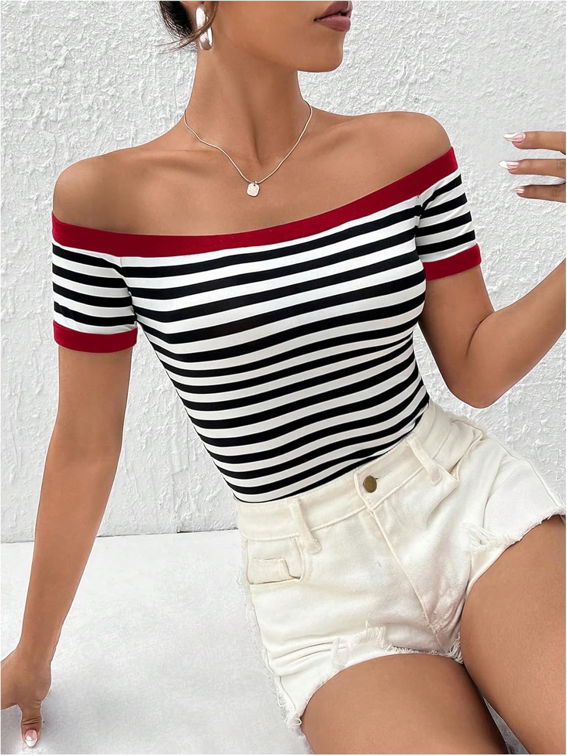 Verdusa Striped Off The Shoulder Tops for Women Short Sleeve Fitted Shirt Sexy Tees - Image 5
