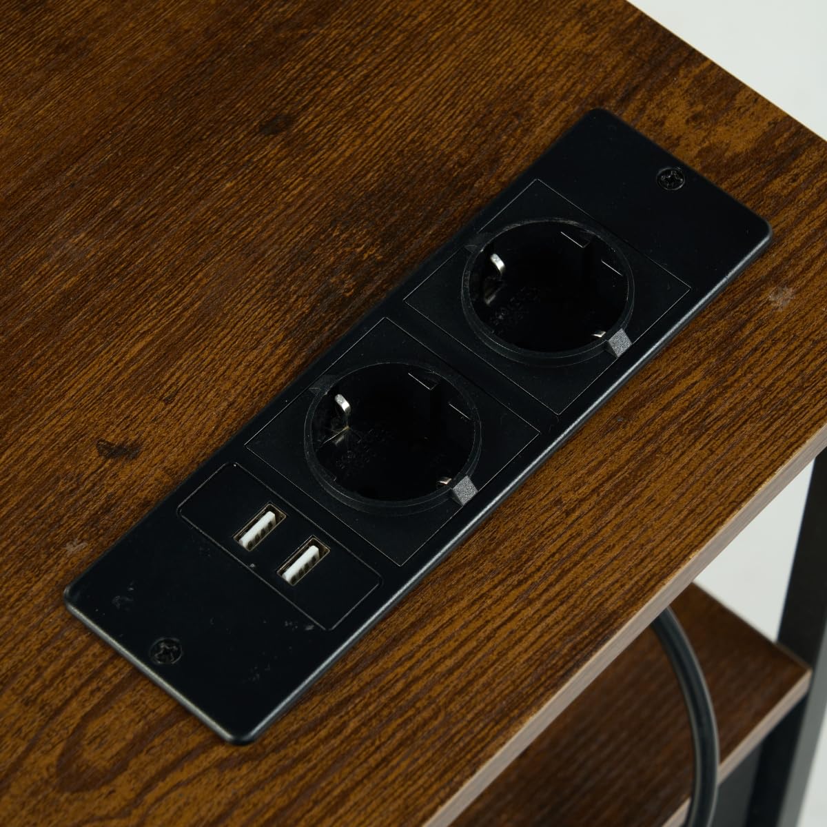 FurnitureR 2PCS Guéridons de Salon, Table D'appoint avec Multi-Coloured LED, 2 AC Sockets, 2 USB Ports of Drawers, 2 Tiroirs en Tissu, Style Industriel Rétro Marron, 40 x 30 x 60cm