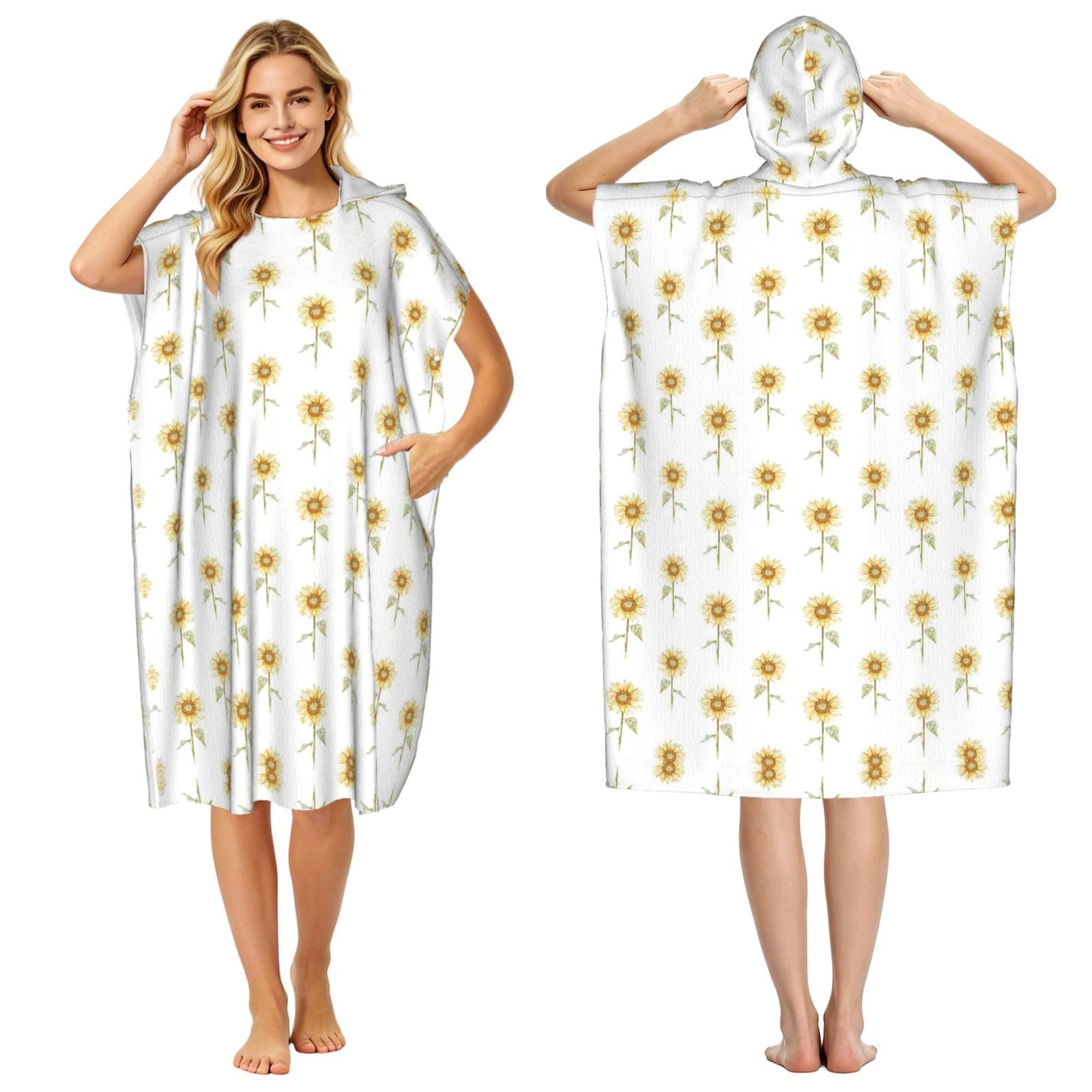 Sunflower Hand Painted Floral Print Changing Robe, Hooded Towel Poncho For Swimming Pool, Beach,Quick Dry Light Weight Towelling Poncho