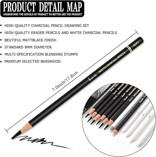 Miniatura 4 de Set de Dibujo de Carbón Brusarth - 12 piezas de lápices de carbón negro, lápices de carbón blanco, lápices borradores, mondadientes para dibujar,
