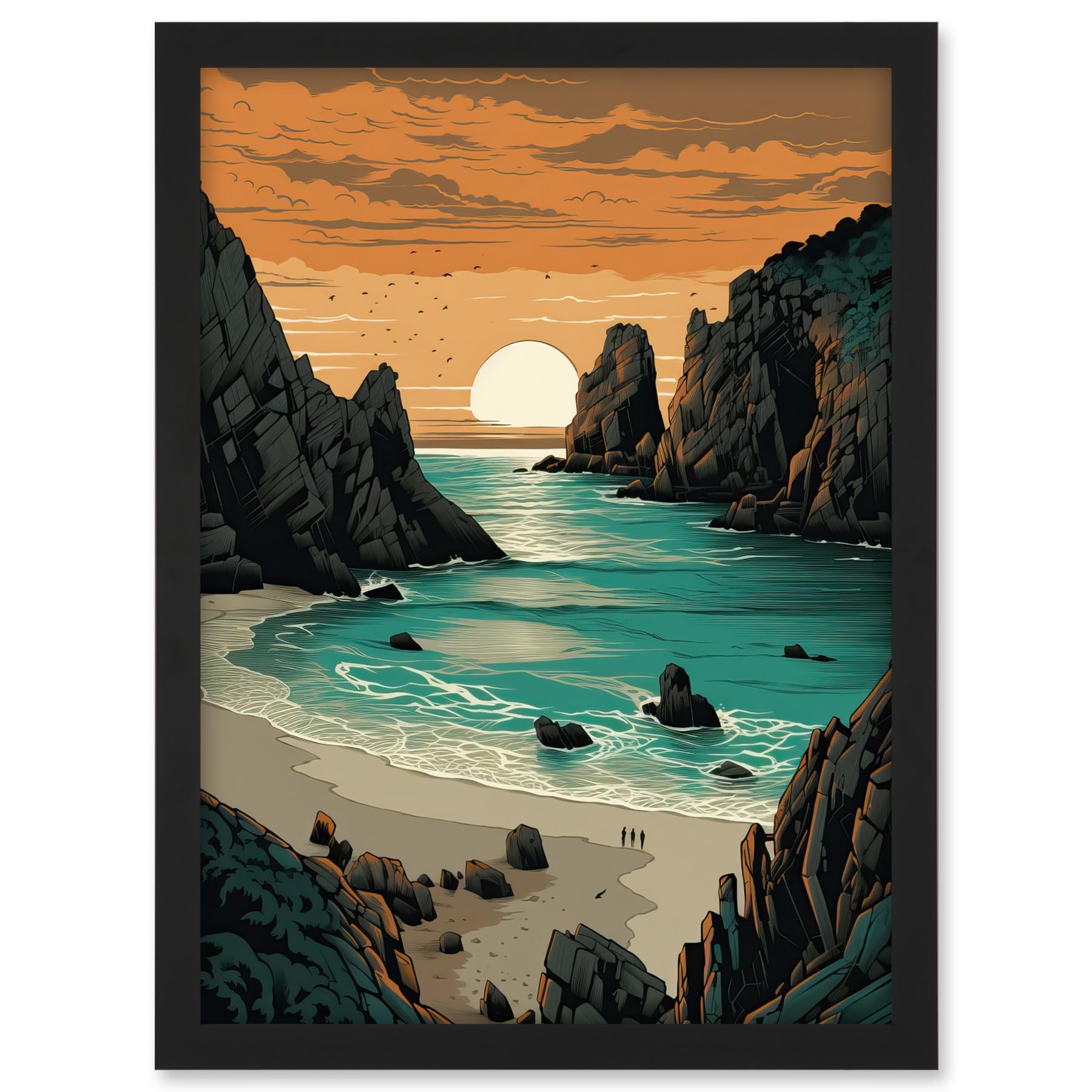 Artery8 Porthcurno Beach Sunrise Coastal Landscape Artwork Framed A3 Wall Art Print
