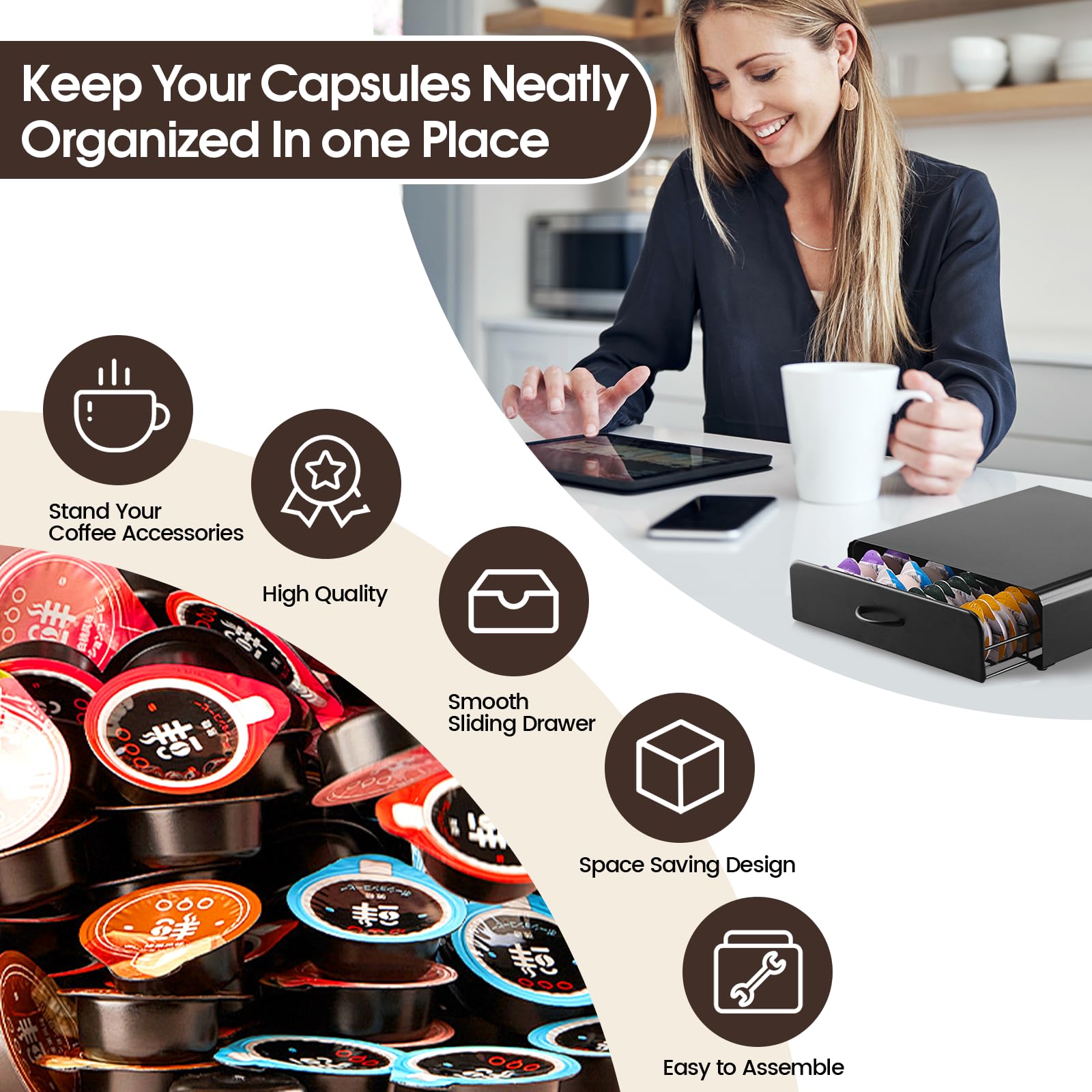 UCAMP Porte Capsules,Tiroirs de Rangement,Tiroir Capsule de Café,Tiroir Métal,64 Capsules Porte-Capsules pour Tassimo,Distributeur Capsules pour La Maison,Bureau,Envoyer 1 Chiffon de Nettoyage