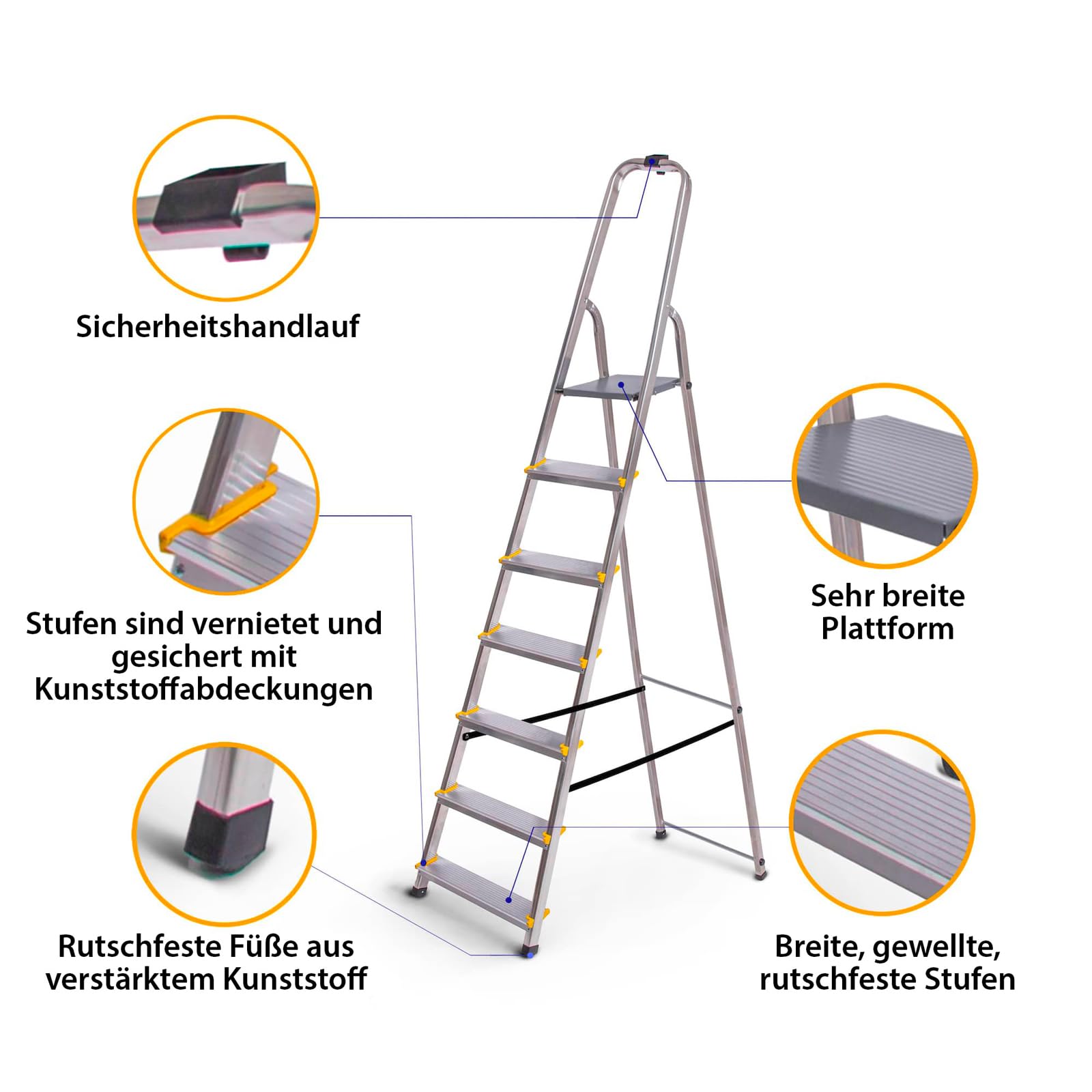 HOSTRÖM Trittleiter 7 Stufen Dura, faltbar, leicht, aus Aluminium, Höhe Plattform 140 cm, rutschfeste Füße, Belastung 150 kg, 5 Jahre Garantie