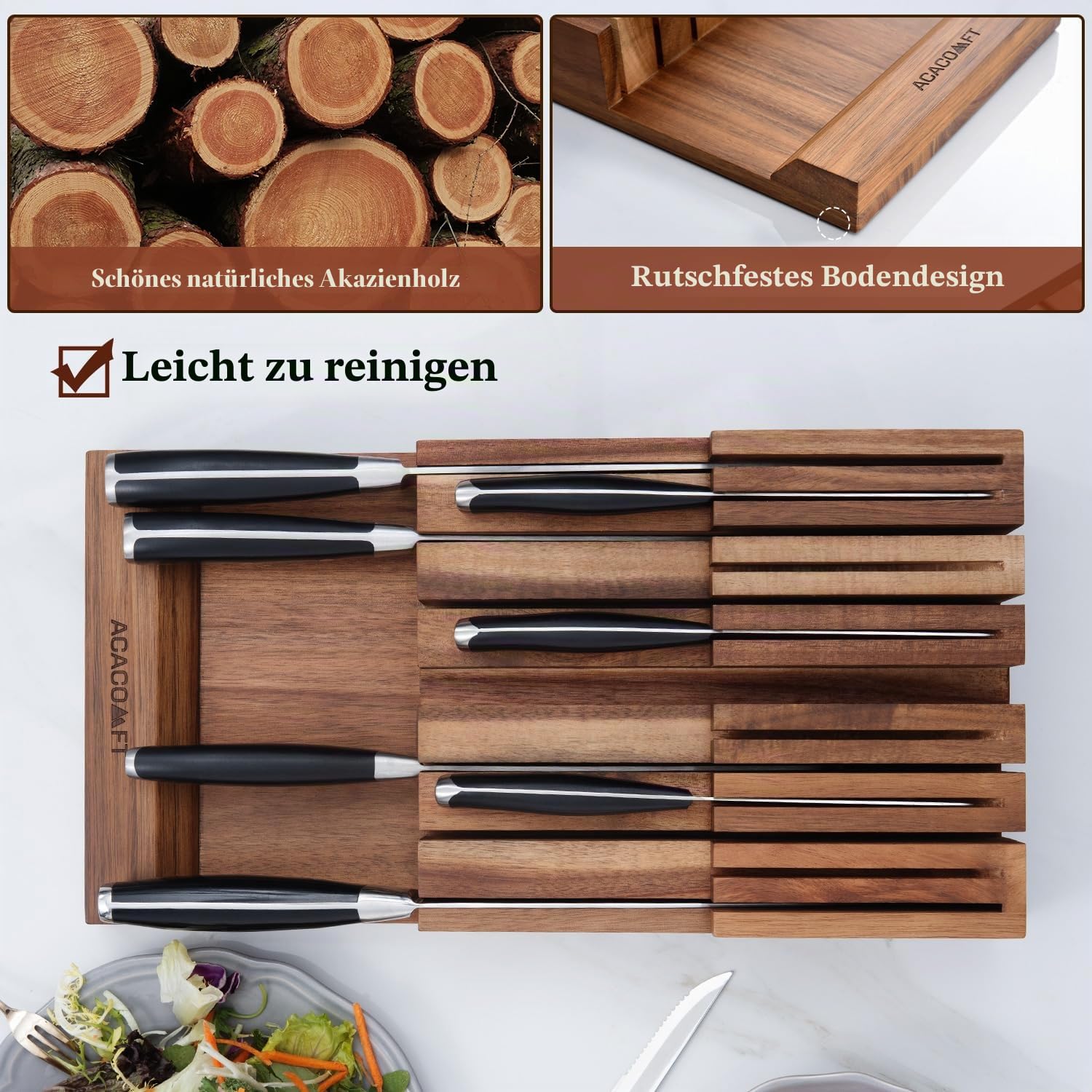 In-Drawer Messerblock, Akazien Holz Küche Messer Drawer Organizer, Messer Halter ohne Messer für bis zu 12 Messer Steak Messer Chef Messer