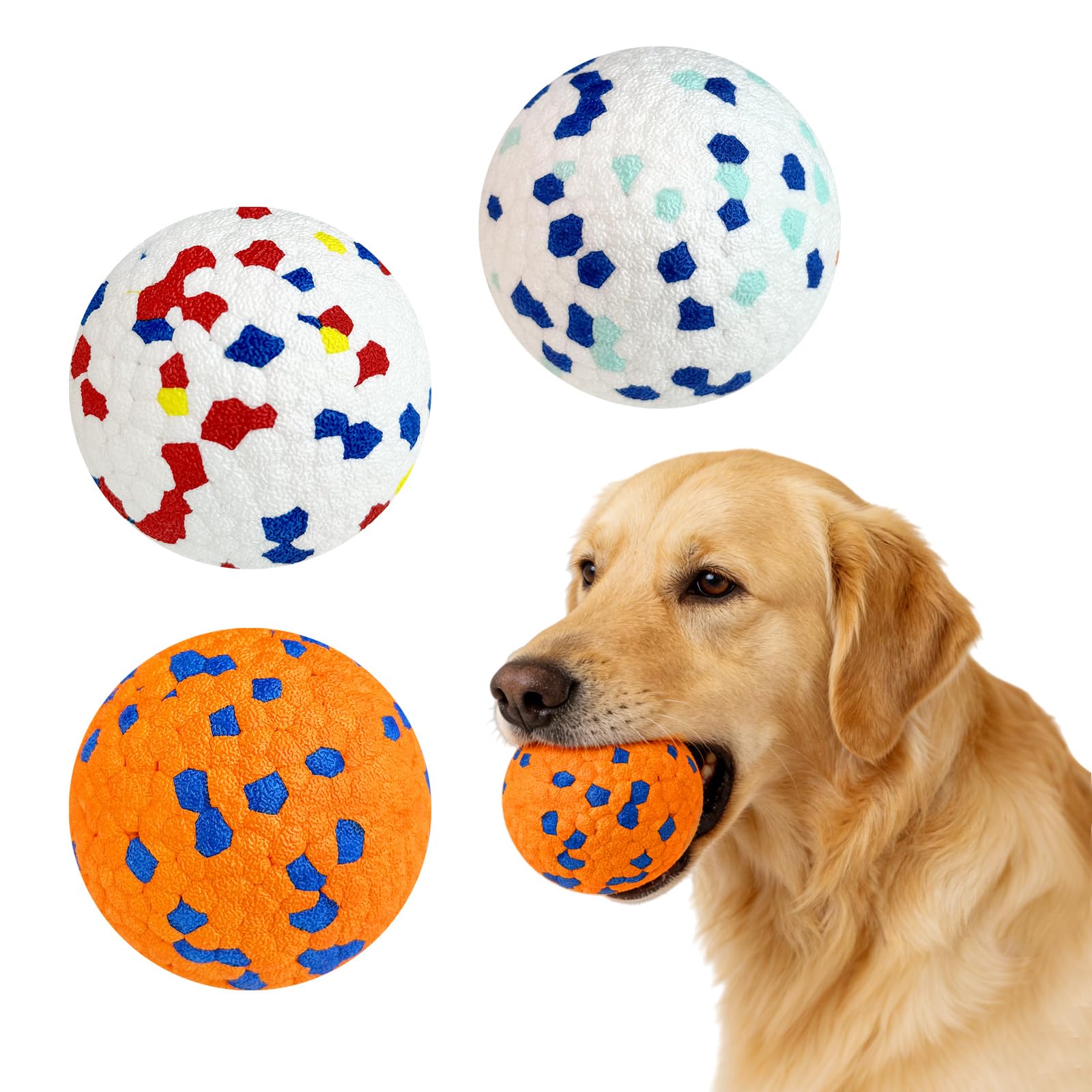 AMFUN 3 Pack Dog Balls Toys for Aggressive Chewers, a Teething and Water Toy, Indestructible, High Bounce Solid Dog Balls for Throw and Fetch, Small, Orange, White, D6.3cm/2.48inch