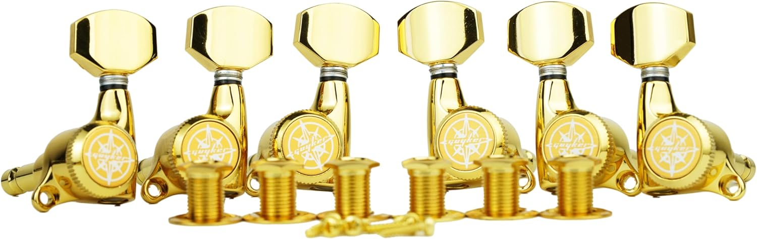 Guyker 6Pcs Guitar Locking Tuners (3L + 3R Handed) - 1:18 Ratio Lock String Tuning Key Pegs Machine Heads with Hexagonal Handle Replacement for LP SG Style Electric, Folk or Acoustic Guitars- Chrome