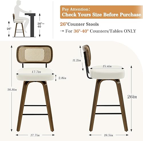 Miniatura 2 de Bekrvio Juego de 3 taburetes de bar giratorios de altura de mostrador, taburetes de bar tapizados de piel sintética con respaldo de ratán, sillas de