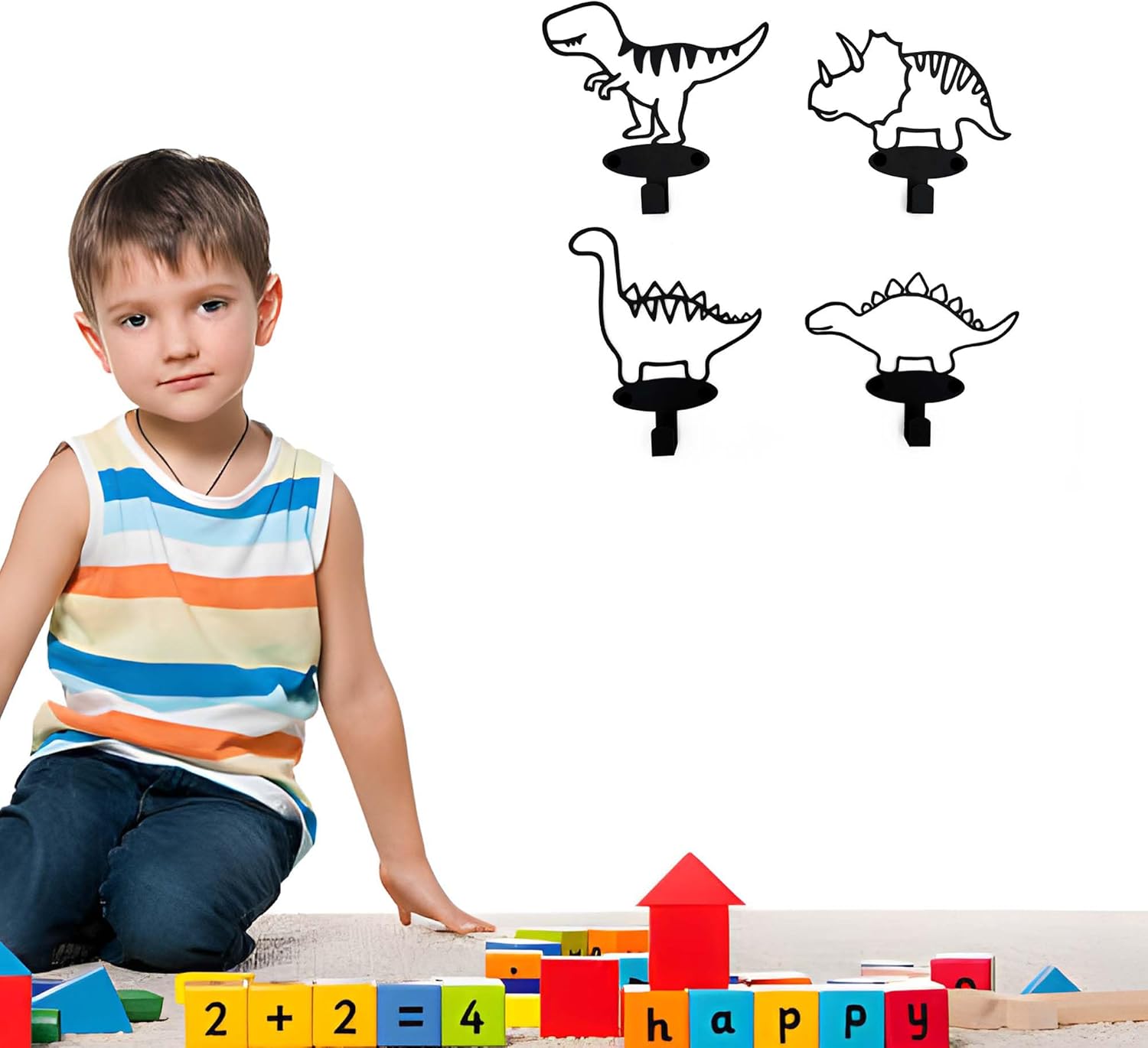 4 Piece Set Cartoon Dinosaur Silhouette Shape Coat Hooks Wall Mounted Matte Black Metal Wall Hanger Hooks for Coat Hat Garments Leashes Modern Minimalist Design Dinosaur Room Decor for Boys Girls Kids