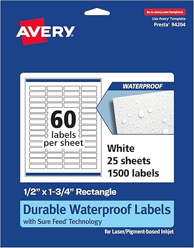Avery Etiquetas rectangulares impermeables duraderas con alimentación segura 05 x 175 pulgadas 1500 etiquetas impermeables resistentes al aceite y
