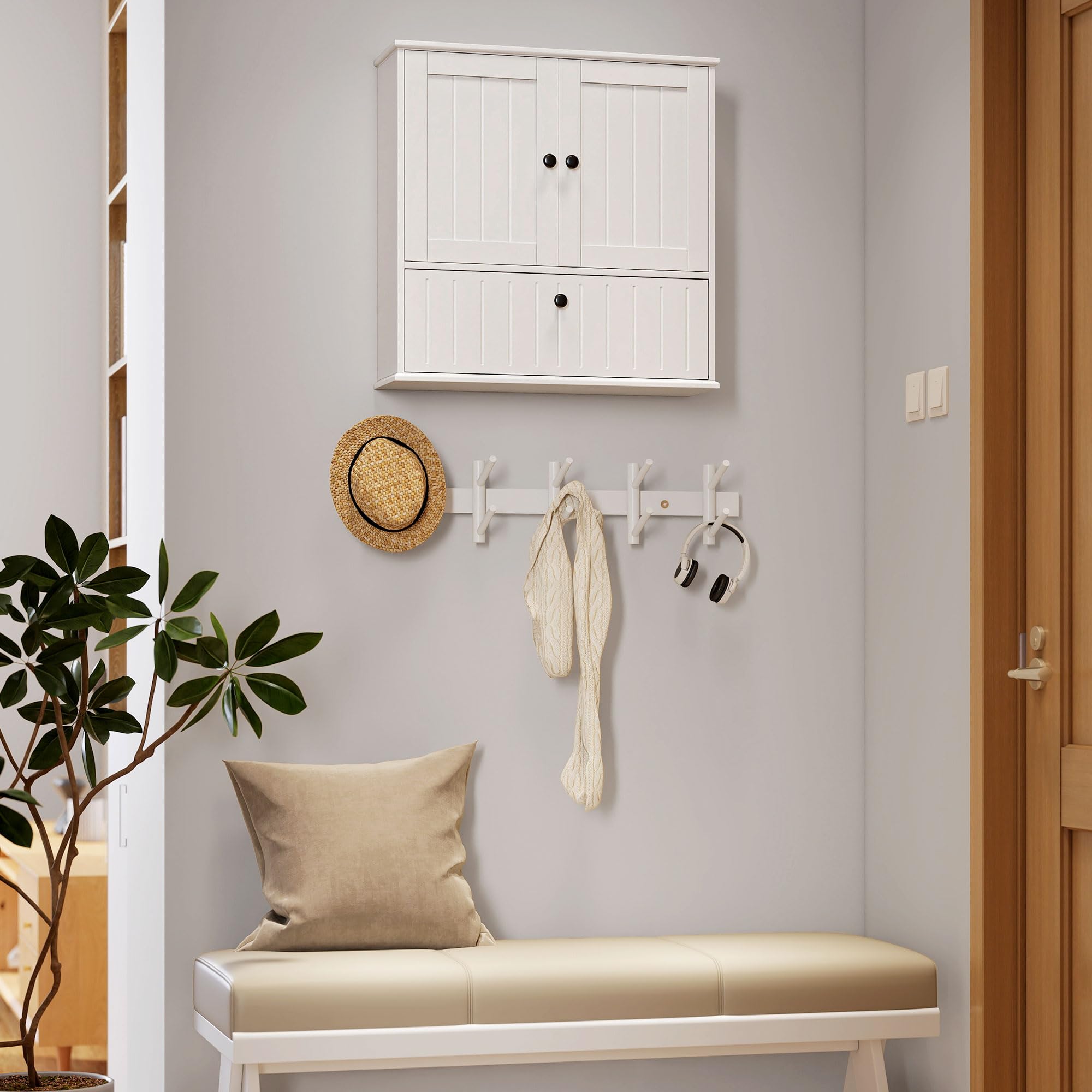 HOMCOM Armario de Baño de Pared, Estante Ajustable, Doble Puerta, Blanco | Mueble de Baño Colgar Rústico, Puerta Abatible, Cierre Magnético, para Cocina, Lavadero, sobre el Inodoro