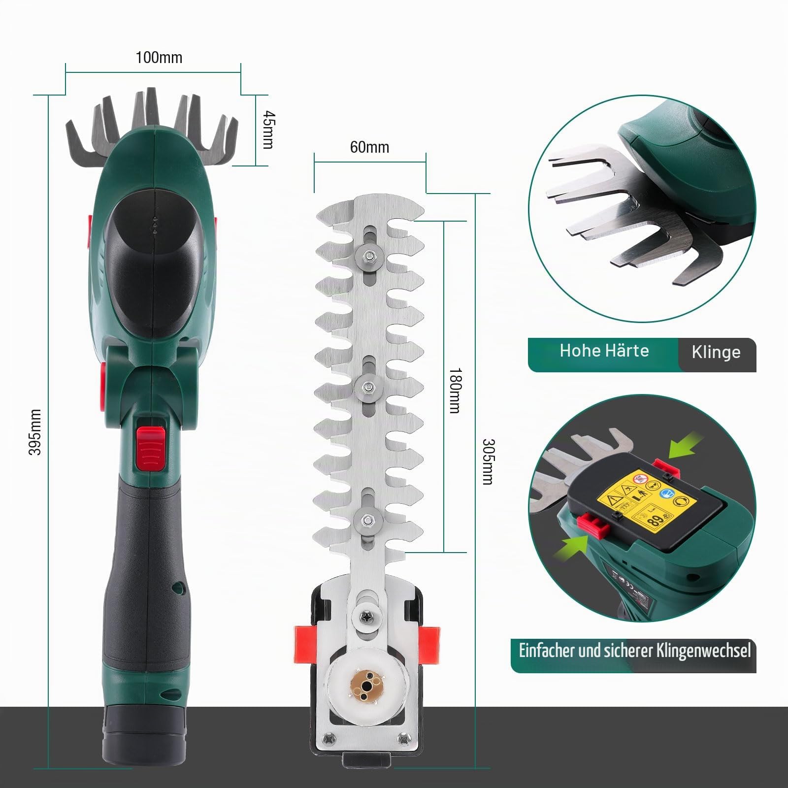 POSENPRO Akku-Gras- und Strauchschere 2-in-1, 12V Handliche Gartenschere für Hecken und Rasen, 2000mAh Strauchschere Elektrisch mit 2 Messern, Schnittbreite 10cm, Schnittlänge 18cm für Garten und Höfe