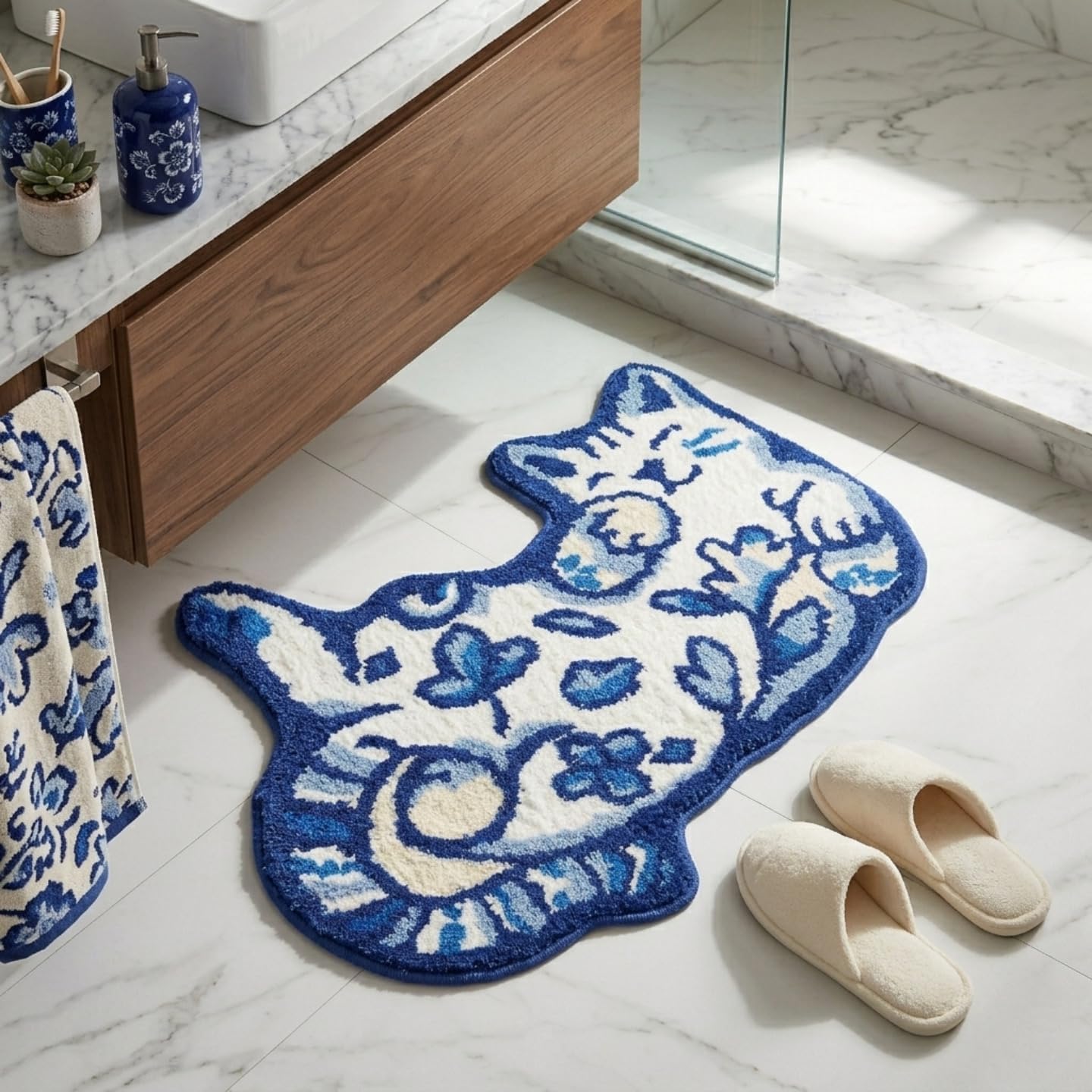Blue Delft Cat Rug - Cute Cat Bathroom Rug Super Absorbent & Non-Slip Bath Mat, Soft Fuzzy Cute Mat for Small Bathroom or Shower Floor